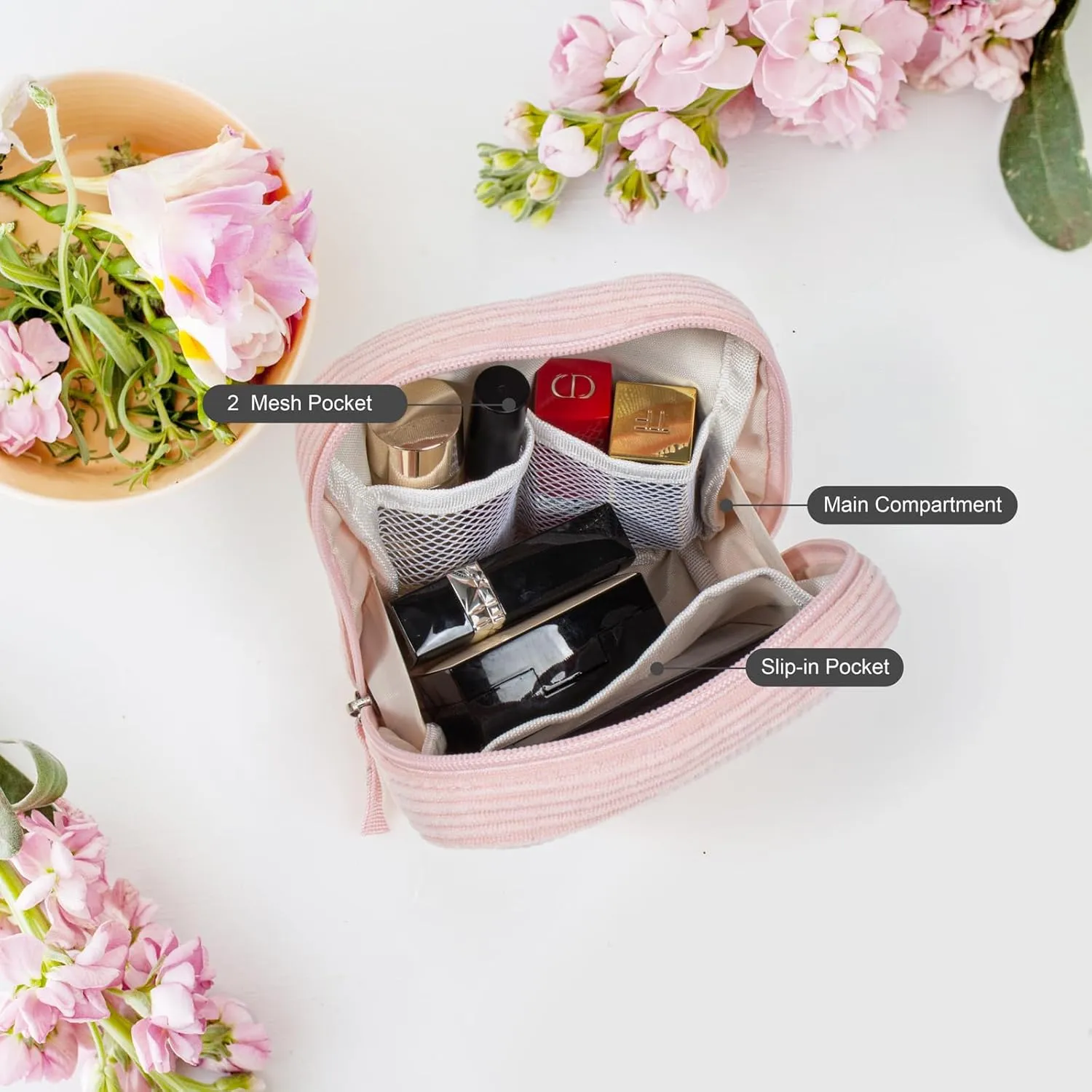 2Pcs Makeup Bag for Women, Large Corduroy Cosmetic Bag Capacity Travel Toiletry Bag Mini Makeup Pouch for Purse Small Makeup Organizer Bag Cute Makeup Brushes Storage Bag (Large Mini Pink)