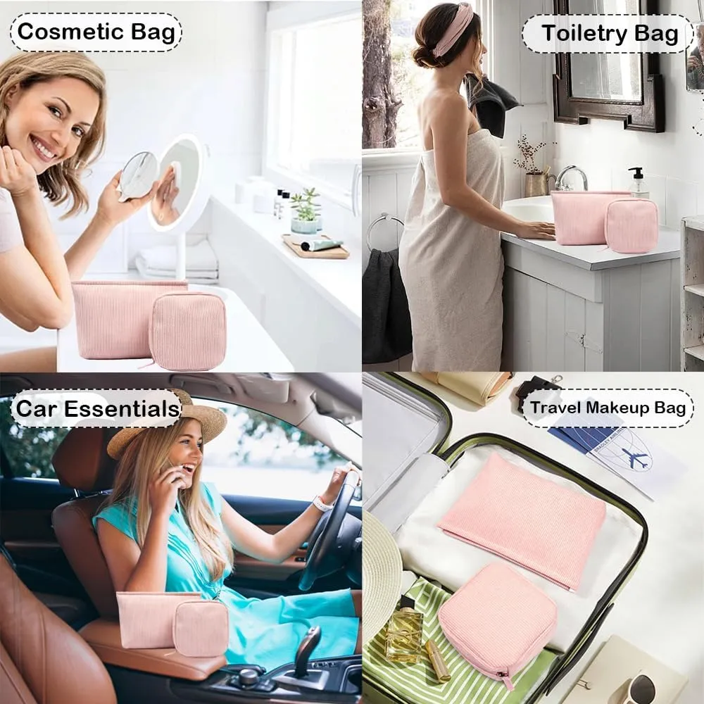 2Pcs Makeup Bag for Women, Large Corduroy Cosmetic Bag Capacity Travel Toiletry Bag Mini Makeup Pouch for Purse Small Makeup Organizer Bag Cute Makeup Brushes Storage Bag (Large Mini Pink)
