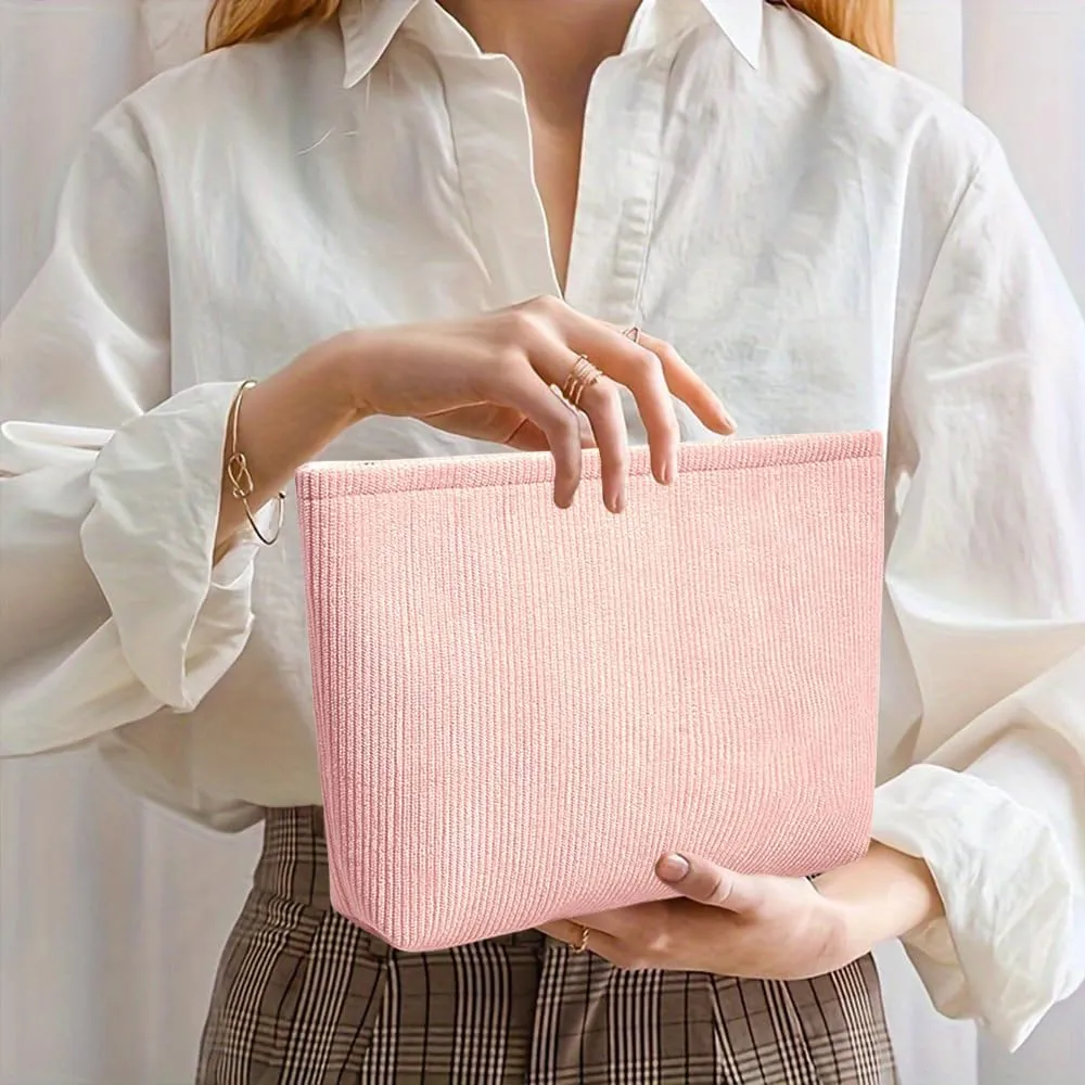 2Pcs Makeup Bag for Women, Large Corduroy Cosmetic Bag Capacity Travel Toiletry Bag Mini Makeup Pouch for Purse Small Makeup Organizer Bag Cute Makeup Brushes Storage Bag (Large Mini Pink)