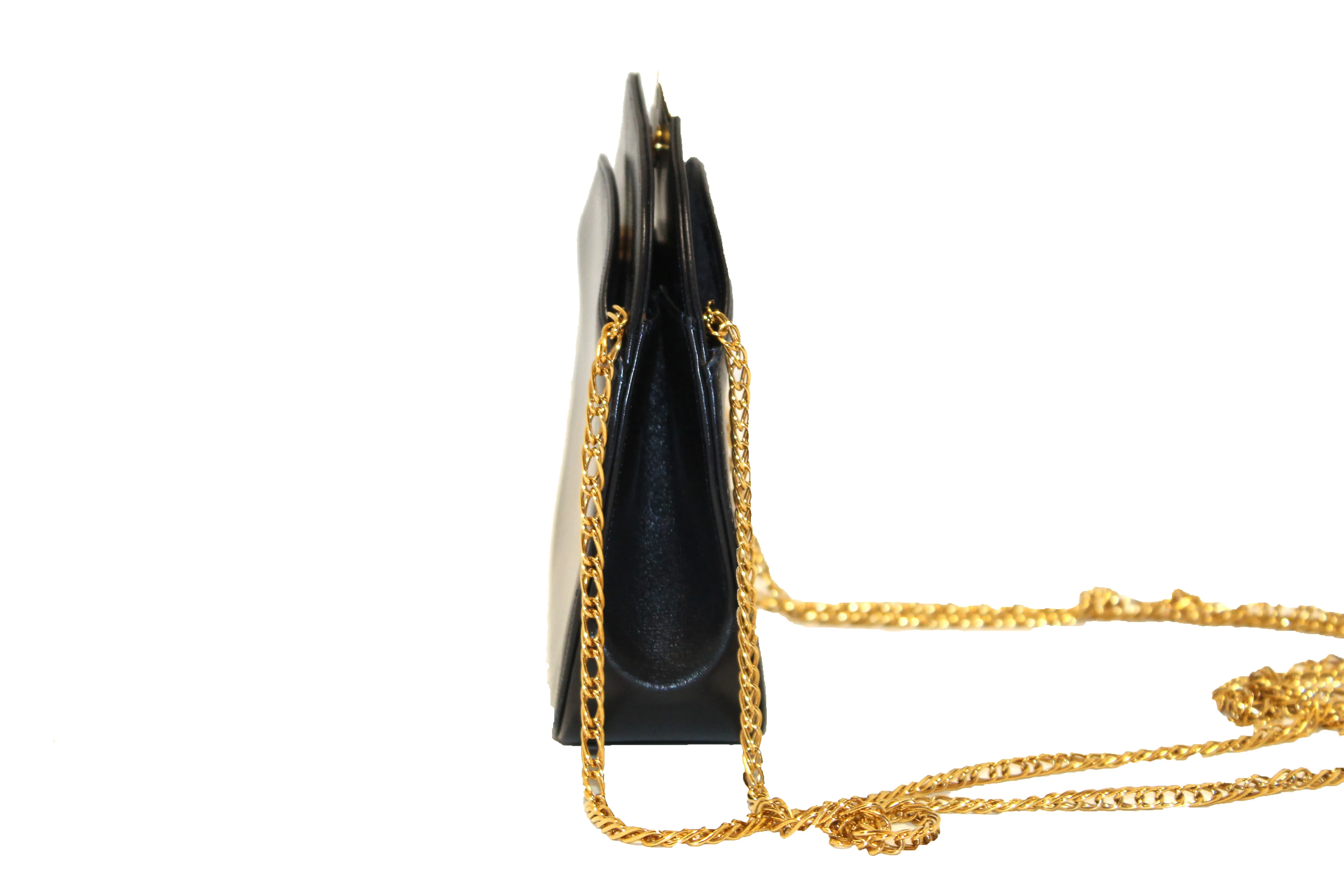 Authentic Vintage Cartier Sapphire Line Black Smooth Leather Crossbody Bag with Chain