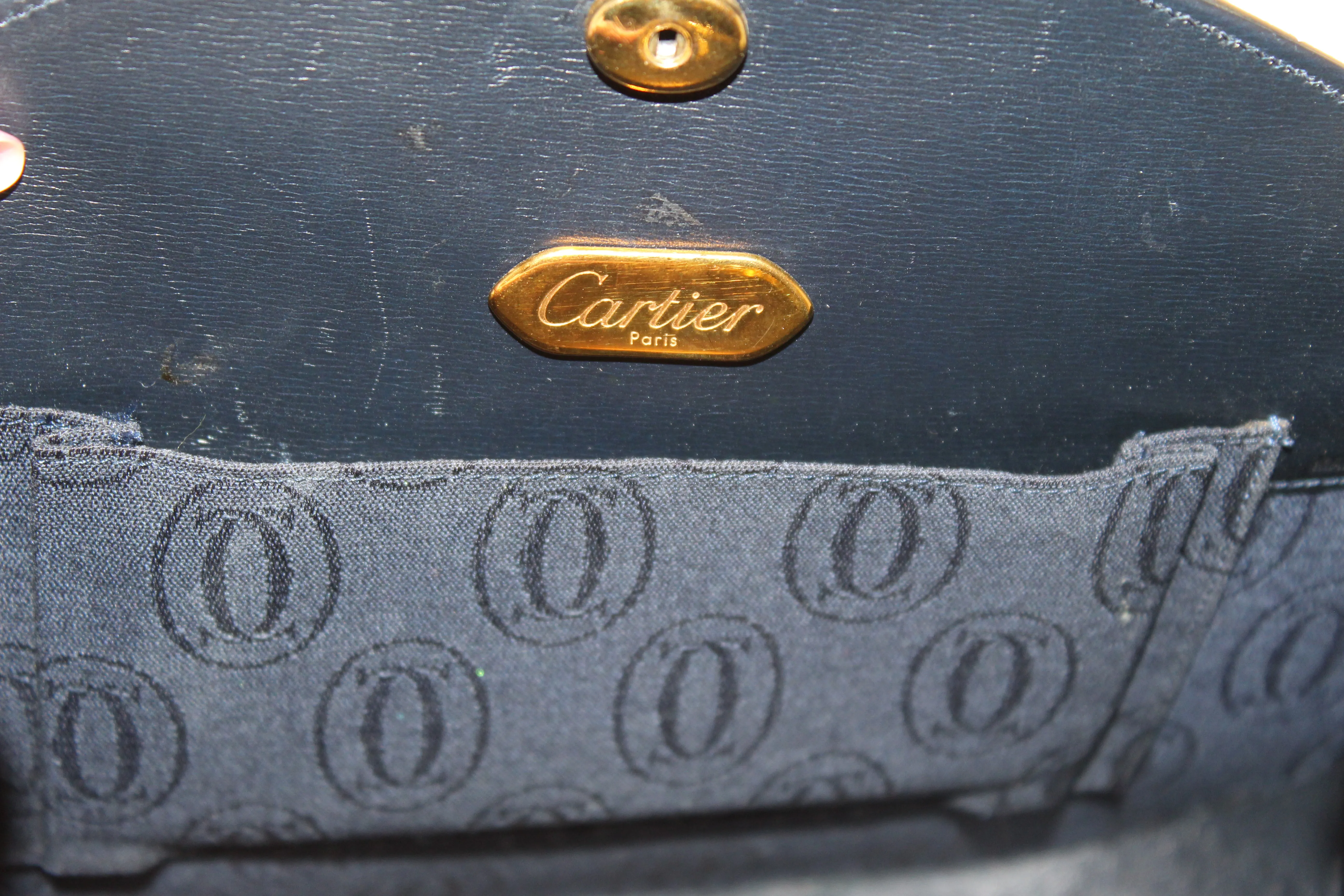 Authentic Vintage Cartier Sapphire Line Black Smooth Leather Crossbody Bag with Chain