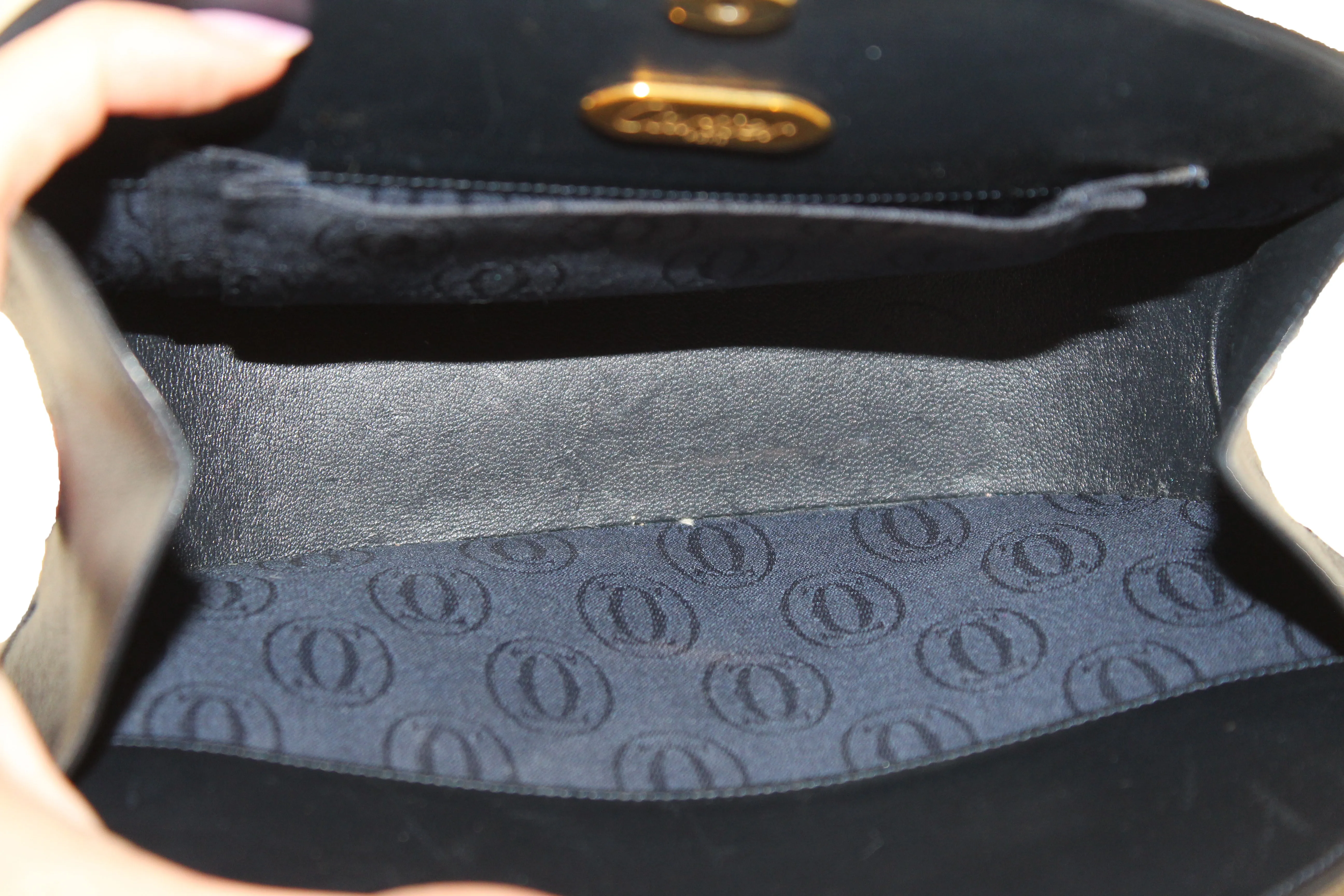 Authentic Vintage Cartier Sapphire Line Black Smooth Leather Crossbody Bag with Chain
