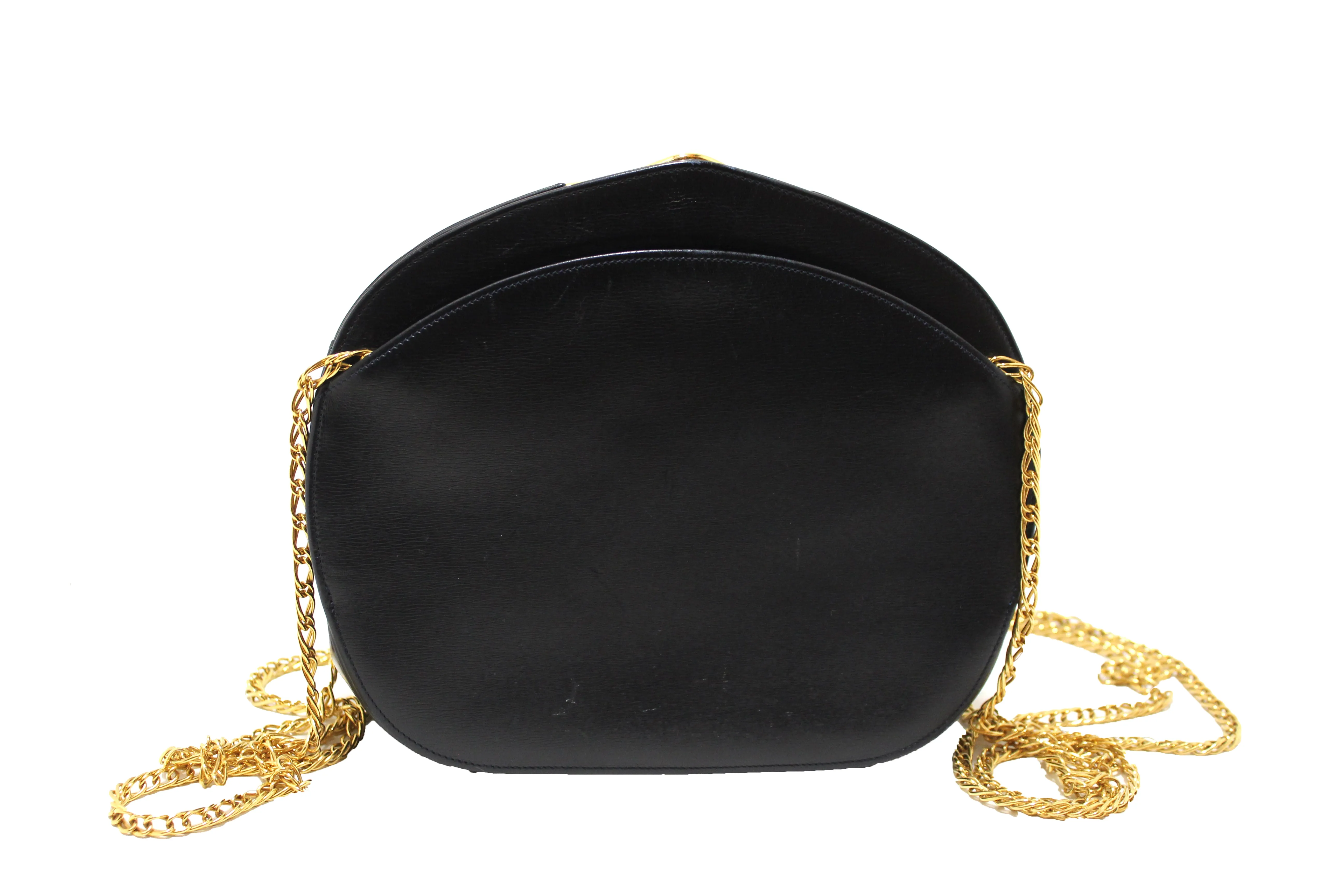 Authentic Vintage Cartier Sapphire Line Black Smooth Leather Crossbody Bag with Chain