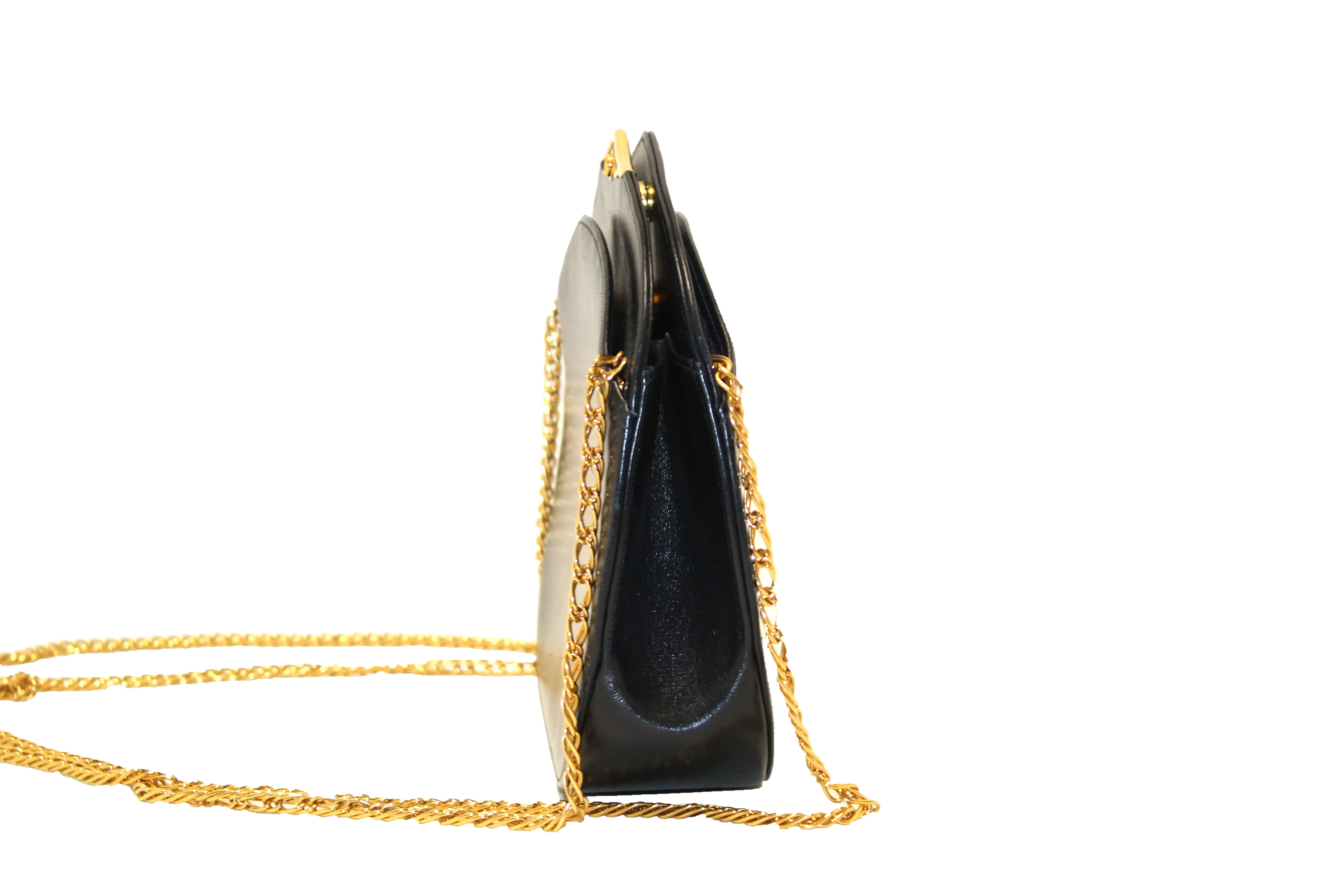 Authentic Vintage Cartier Sapphire Line Black Smooth Leather Crossbody Bag with Chain