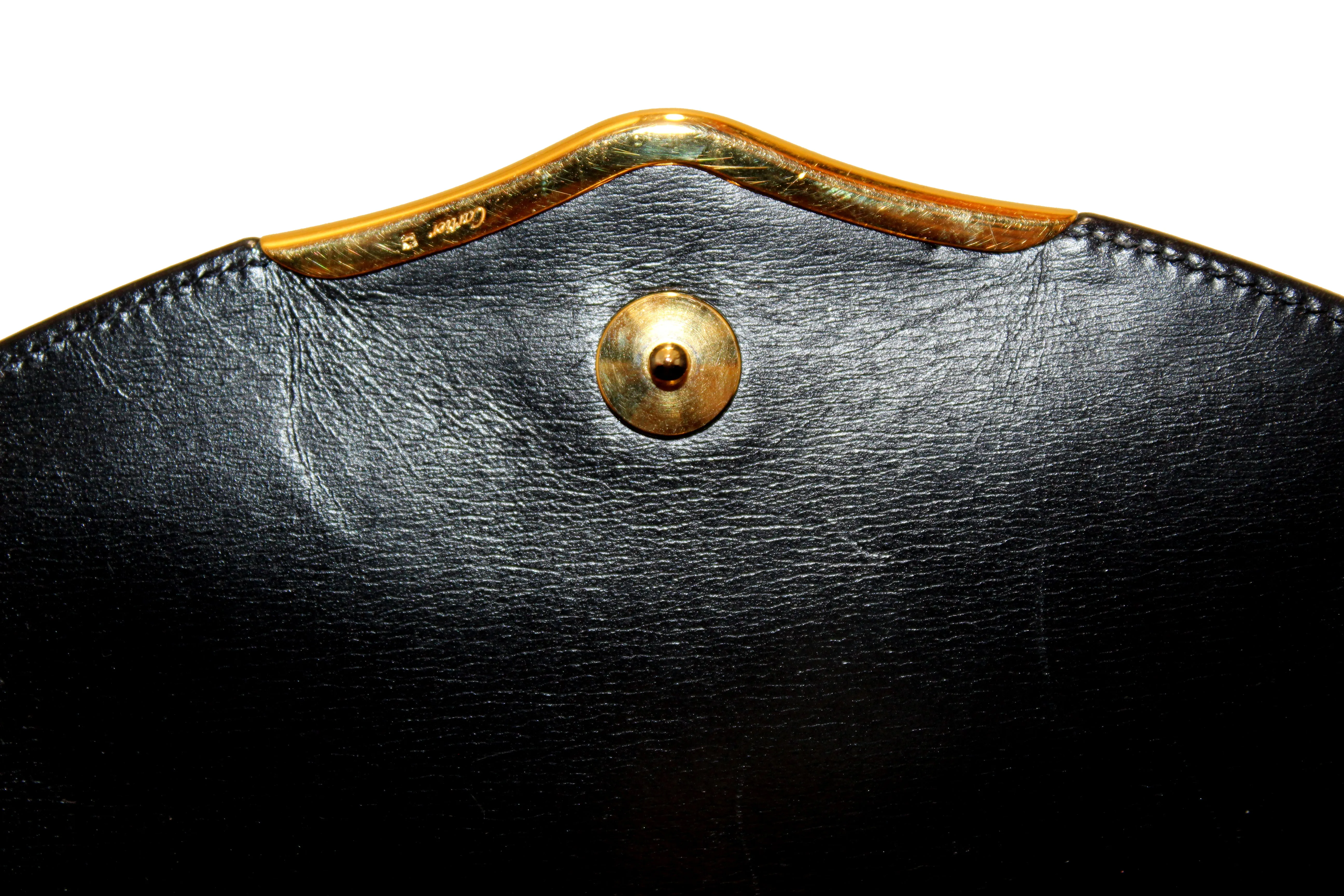Authentic Vintage Cartier Sapphire Line Black Smooth Leather Crossbody Bag with Chain