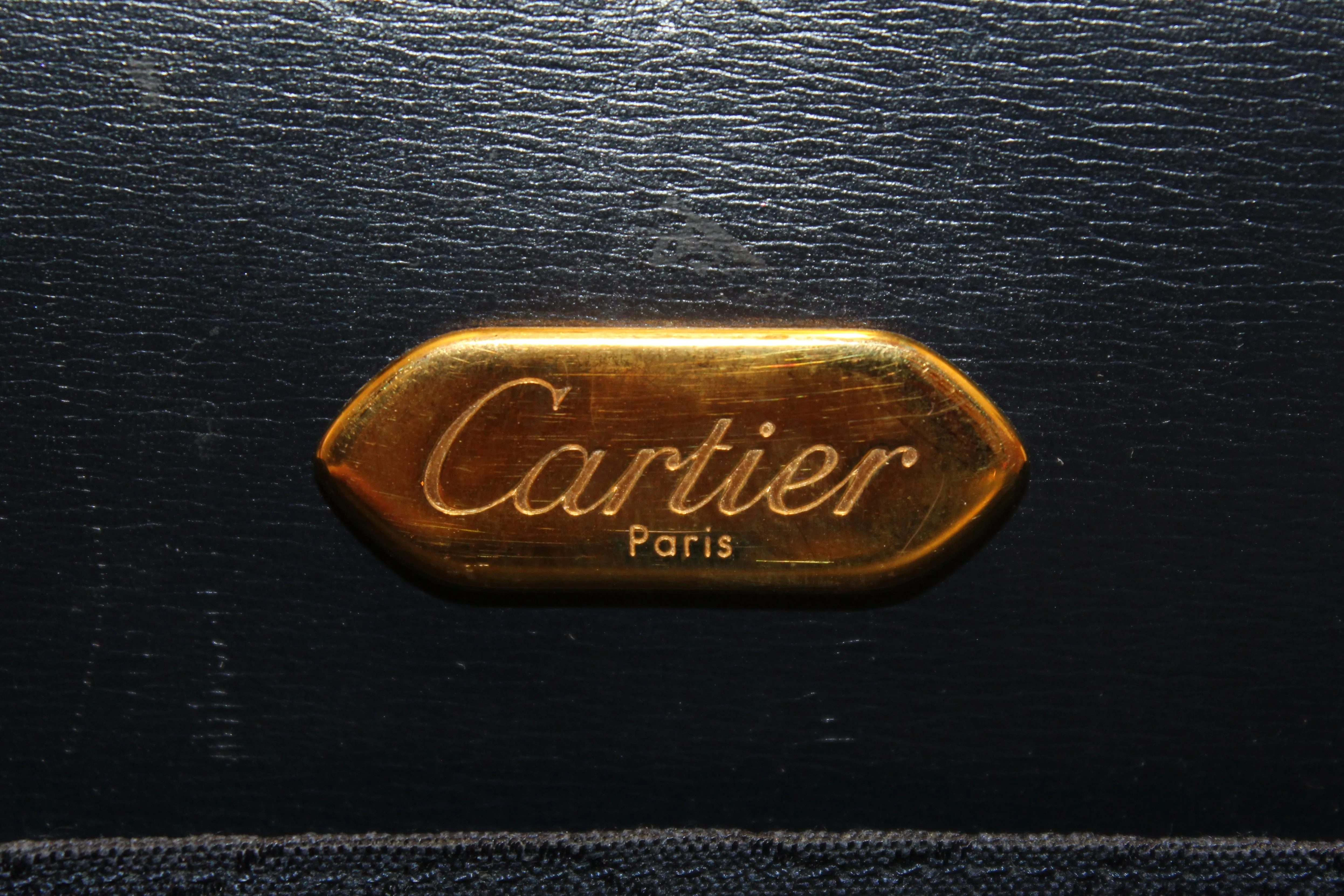 Authentic Vintage Cartier Sapphire Line Black Smooth Leather Crossbody Bag with Chain