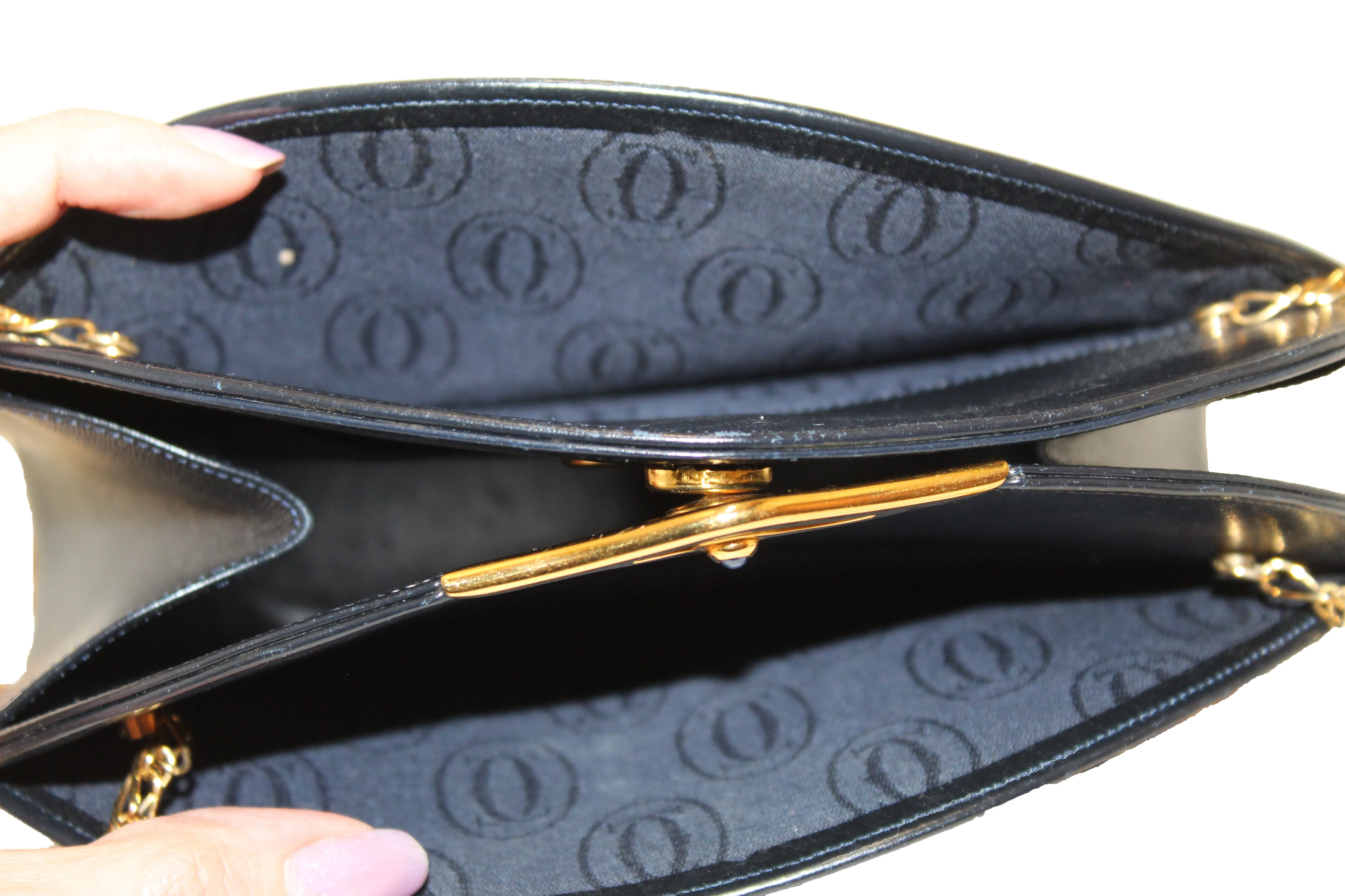 Authentic Vintage Cartier Sapphire Line Black Smooth Leather Crossbody Bag with Chain