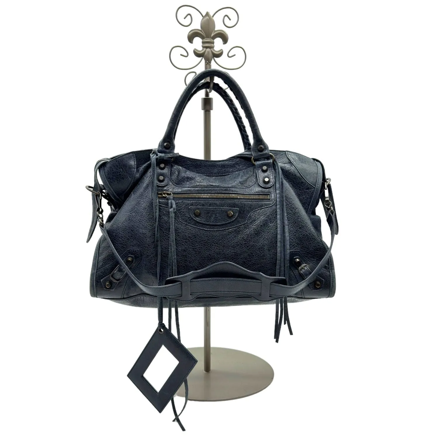 BALENCIAGA Le City Distressed Leather Satchel - Navy