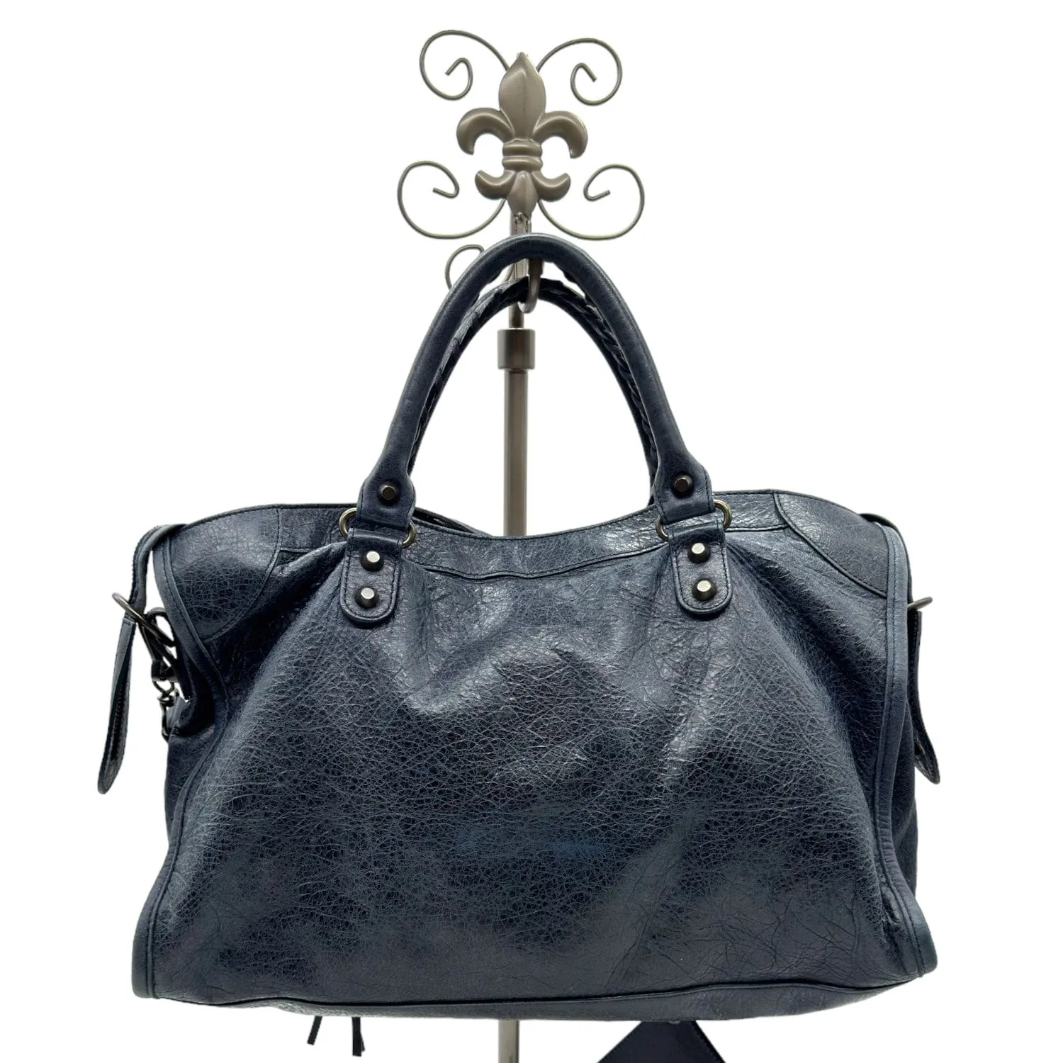 BALENCIAGA Le City Distressed Leather Satchel - Navy
