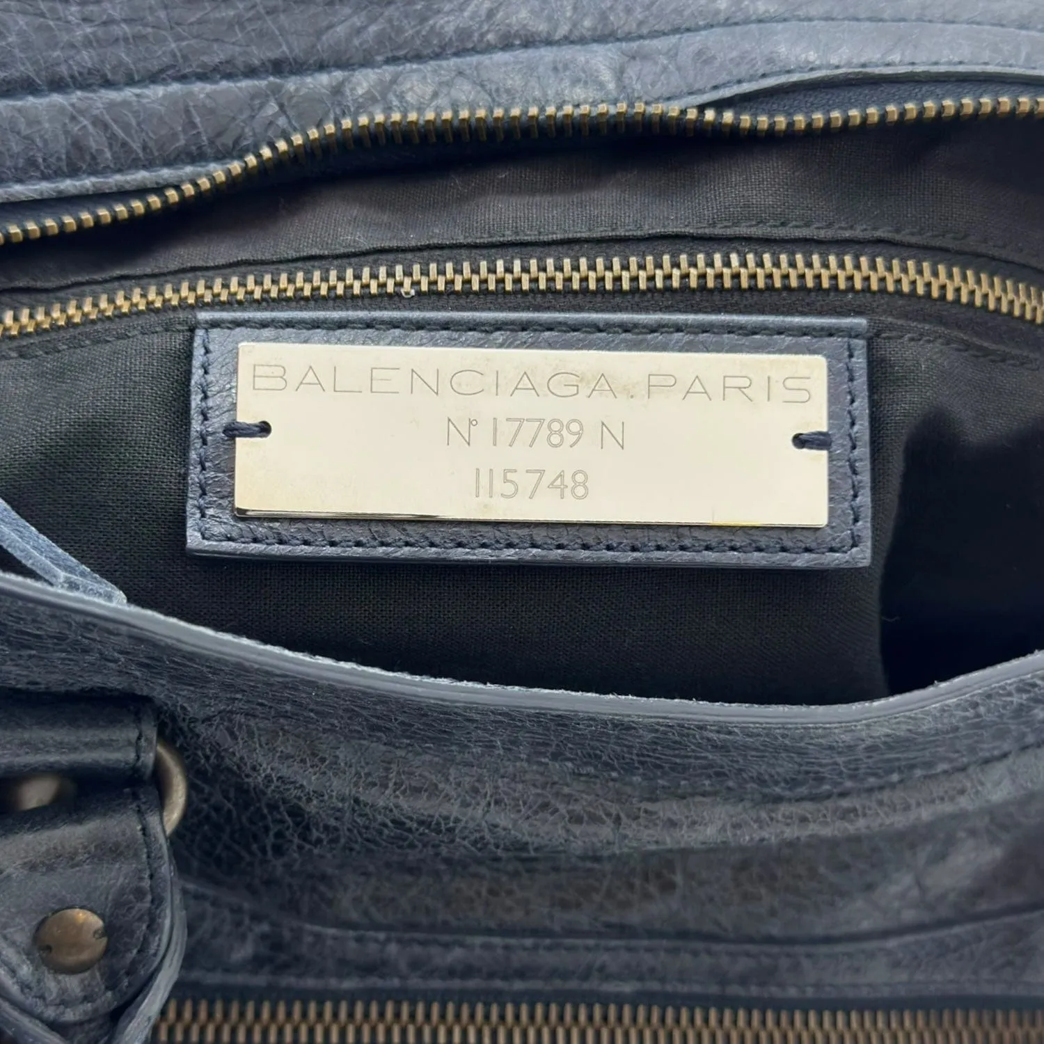 BALENCIAGA Le City Distressed Leather Satchel - Navy