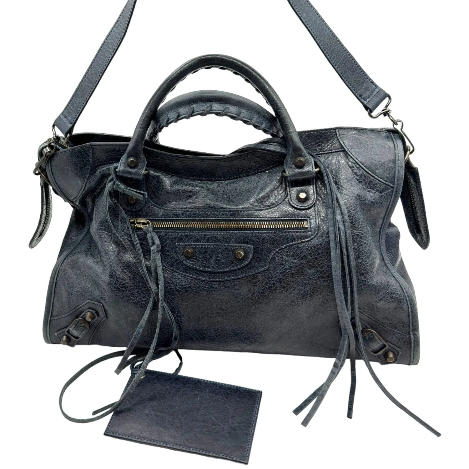 BALENCIAGA Le City Distressed Leather Satchel - Navy