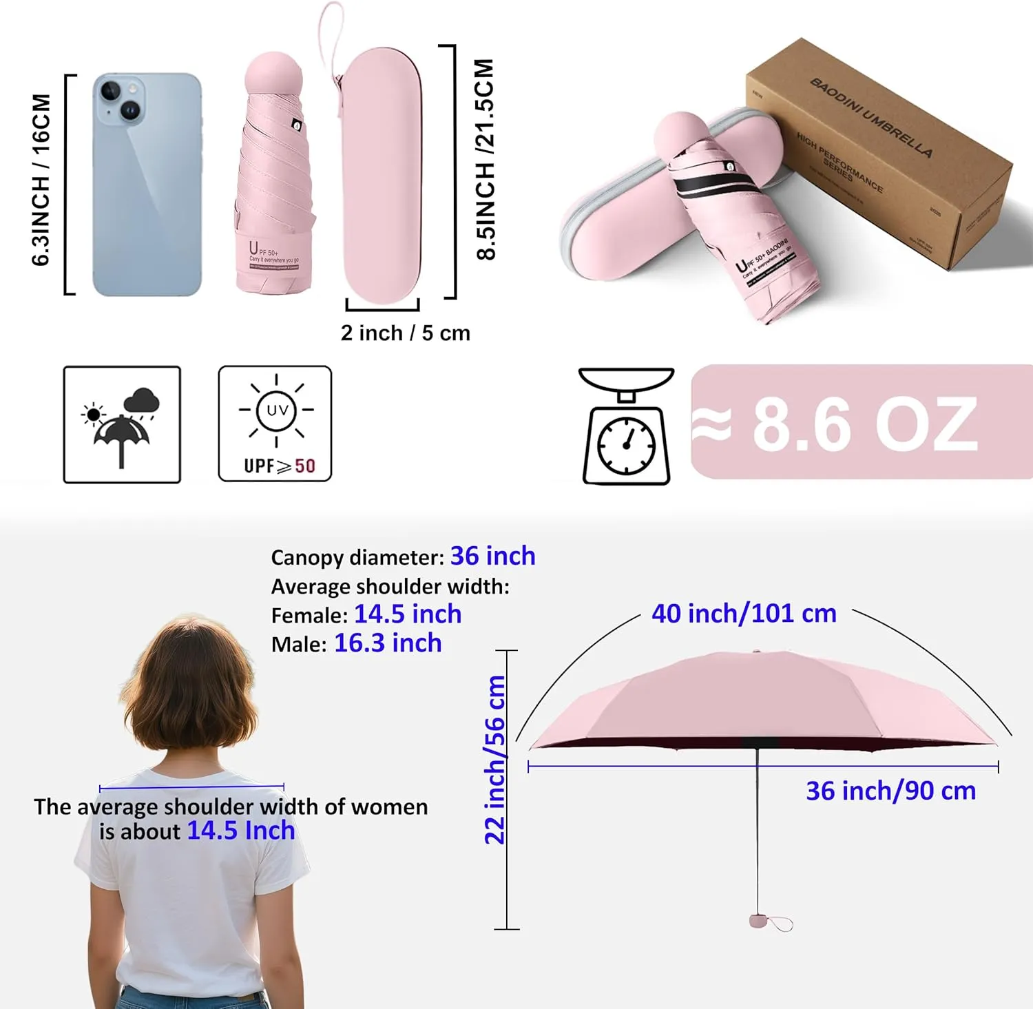 BAODINI Travel Mini Umbrella for Purse With Case Small Compact UV Sun Protection Sun Lightweight Tiny Pocket Umbrella for Women Girls and Men