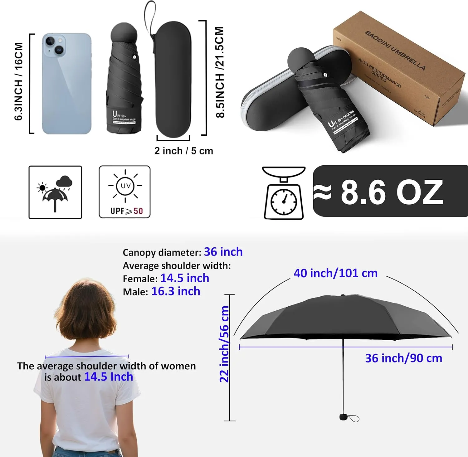 BAODINI Travel Mini Umbrella for Purse With Case Small Compact UV Sun Protection Sun Lightweight Tiny Pocket Umbrella for Women Kids and Men