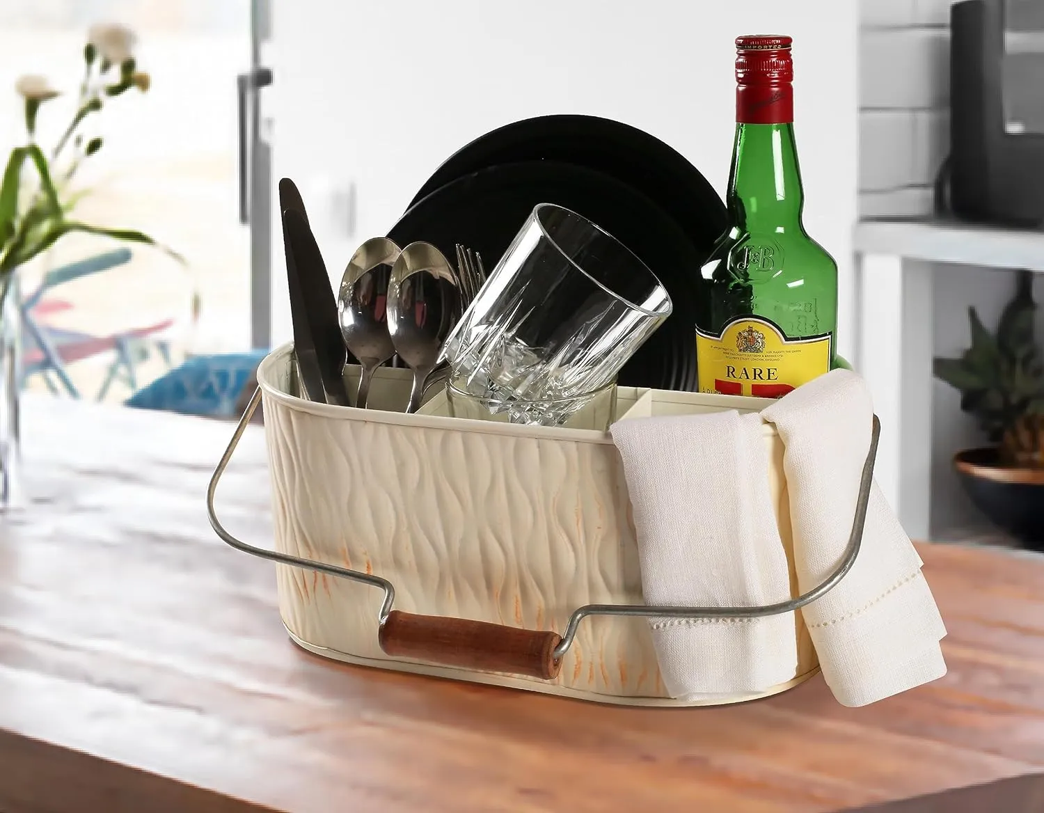 Bedding Craft Utensil Caddy, Galvanized Bucket, Silverware Holder, Metal Caddy for Outdoor Parties, Picnic, Farmhouse Style - Cream Beige