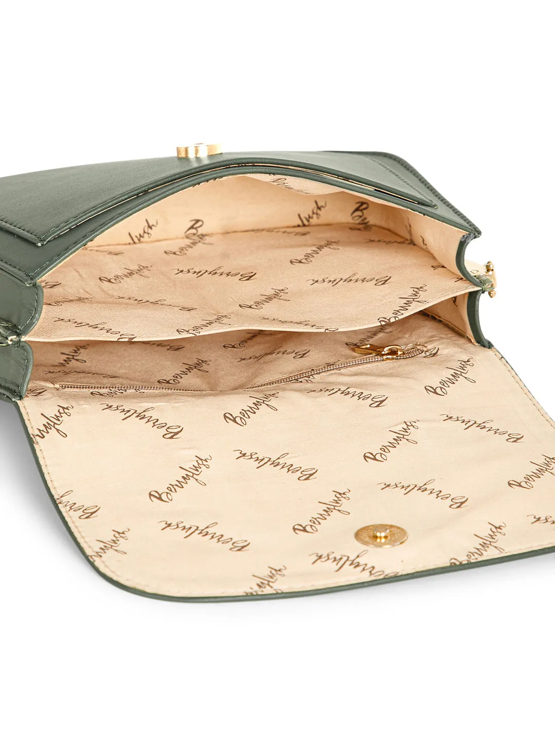 Berrylush Women Solid Green PU Detachable Sling Strap Geometric Pattern Structured Regular Sling Bag