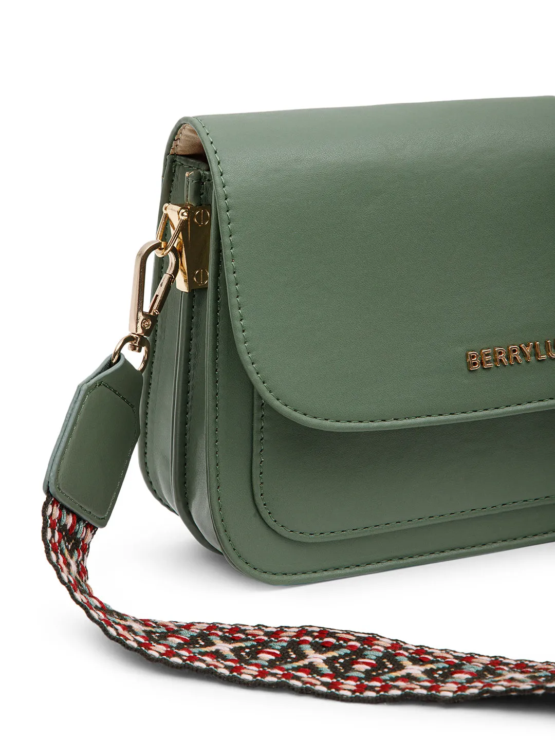 Berrylush Women Solid Green PU Detachable Sling Strap Geometric Pattern Structured Regular Sling Bag