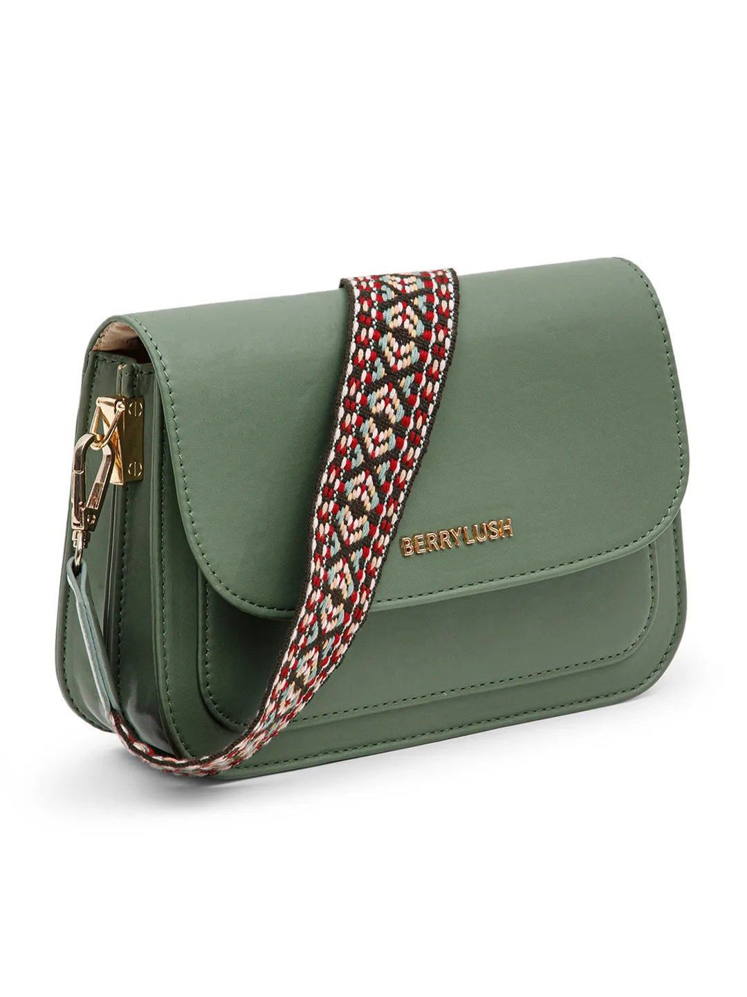 Berrylush Women Solid Green PU Detachable Sling Strap Geometric Pattern Structured Regular Sling Bag
