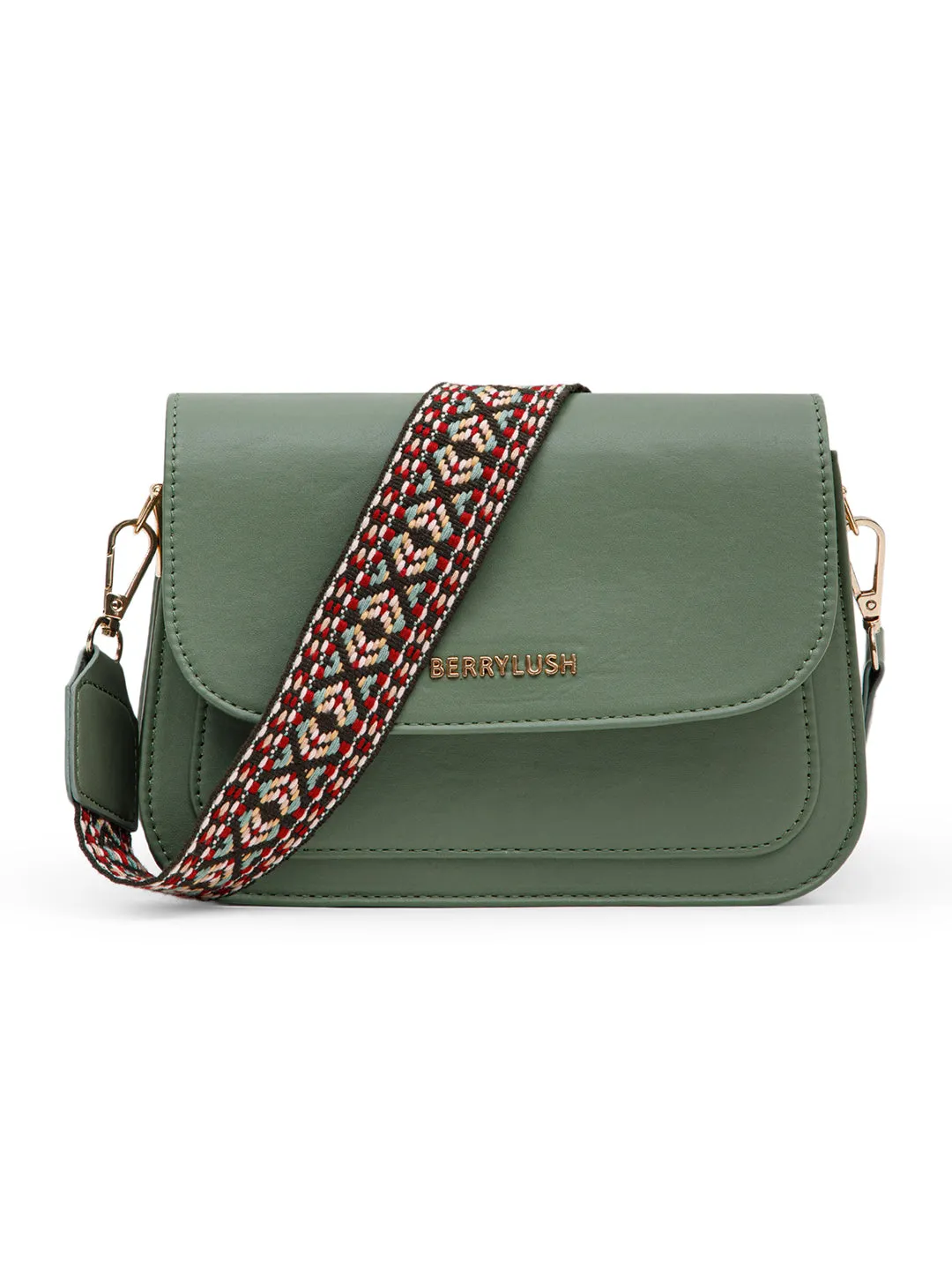 Berrylush Women Solid Green PU Detachable Sling Strap Geometric Pattern Structured Regular Sling Bag