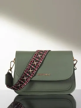Berrylush Women Solid Green PU Detachable Sling Strap Geometric Pattern Structured Regular Sling Bag