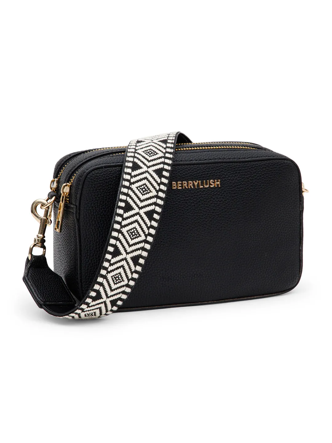 Berrylush Women Textured Black Synthetic Leather Geometric Non-detachable Strap Zipper-Up Small Sling Bag