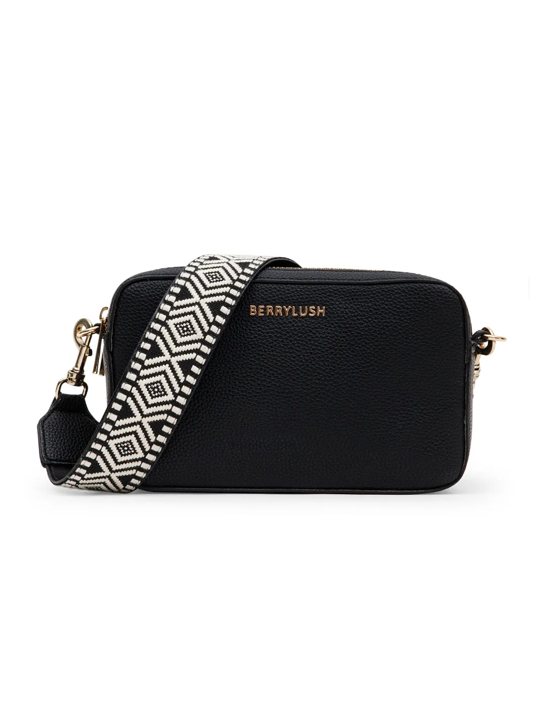 Berrylush Women Textured Black Synthetic Leather Geometric Non-detachable Strap Zipper-Up Small Sling Bag