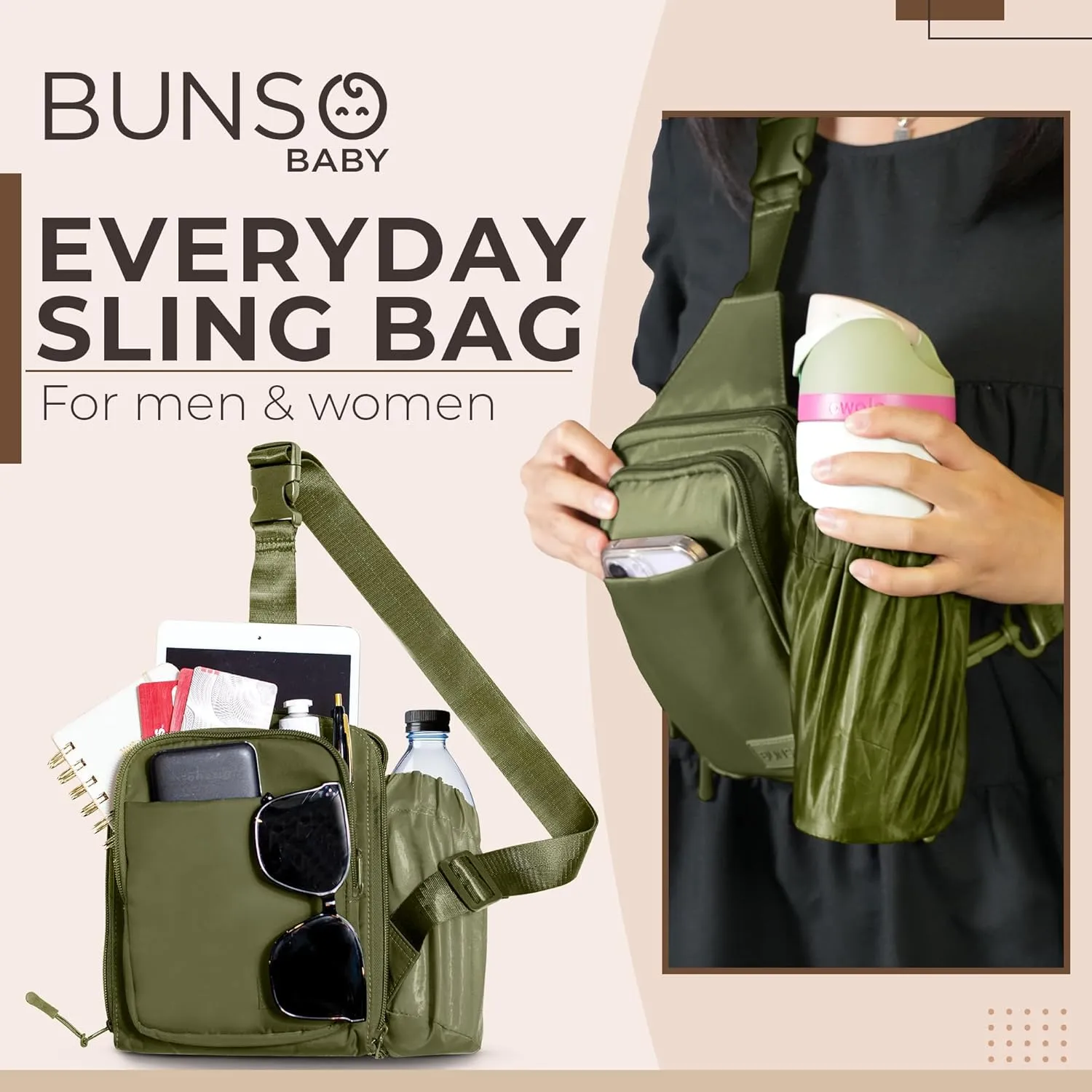 BUNSO Everyday Small Crossbody Bags for Women, Water-Resistant Sling Bag for Men with Waterbottle Holder, 7 x 2.5 x 9