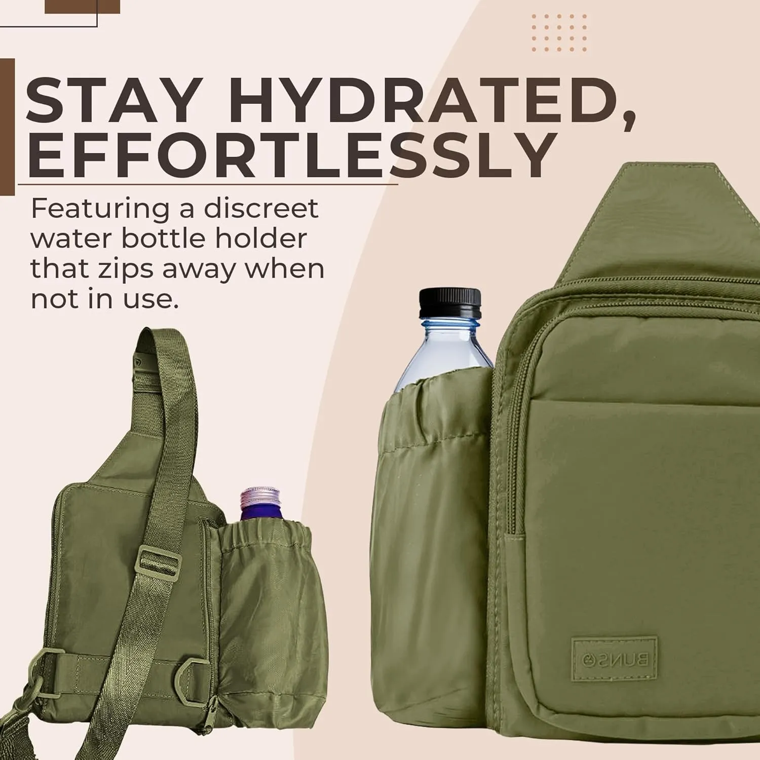BUNSO Everyday Small Crossbody Bags for Women, Water-Resistant Sling Bag for Men with Waterbottle Holder, 7 x 2.5 x 9