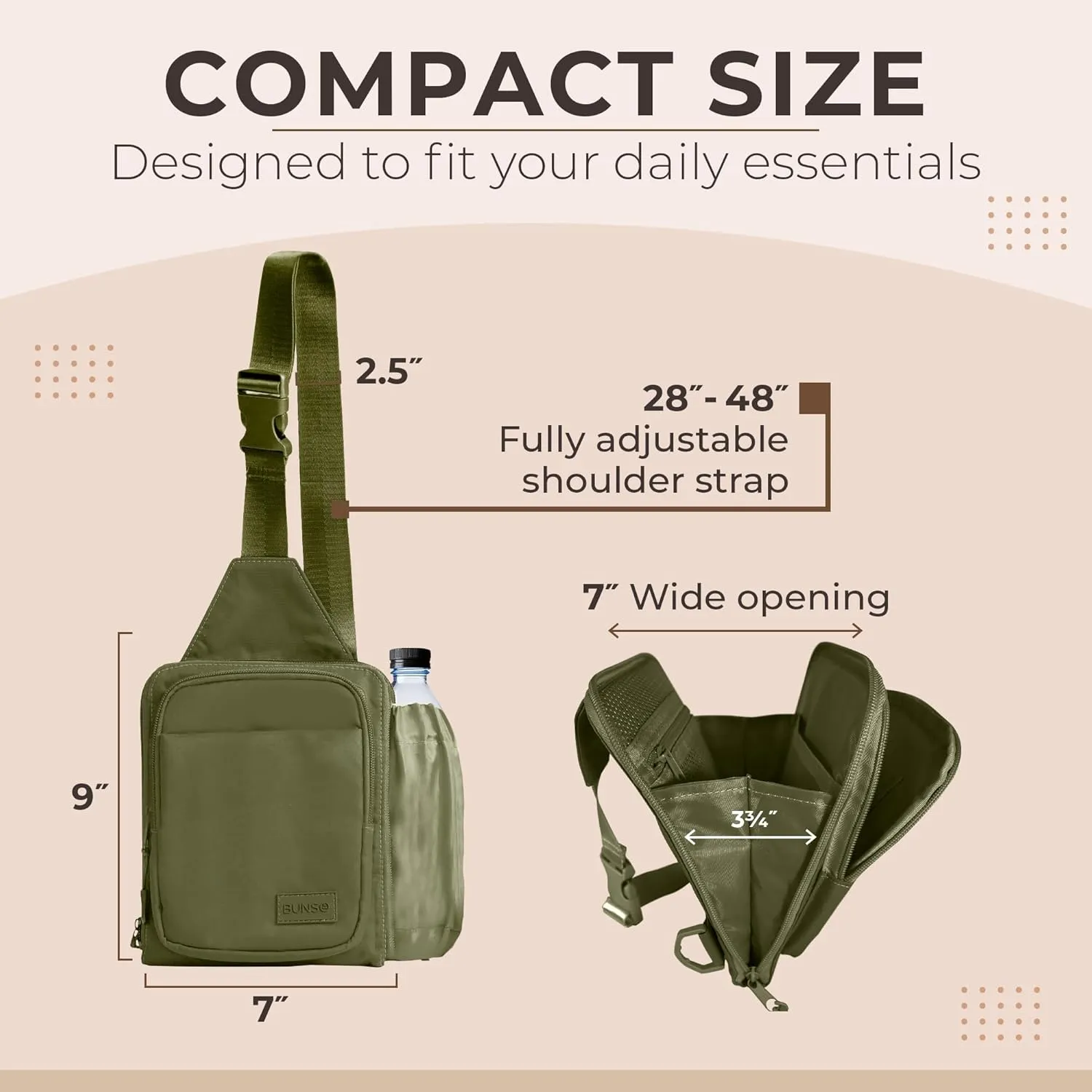 BUNSO Everyday Small Crossbody Bags for Women, Water-Resistant Sling Bag for Men with Waterbottle Holder, 7 x 2.5 x 9