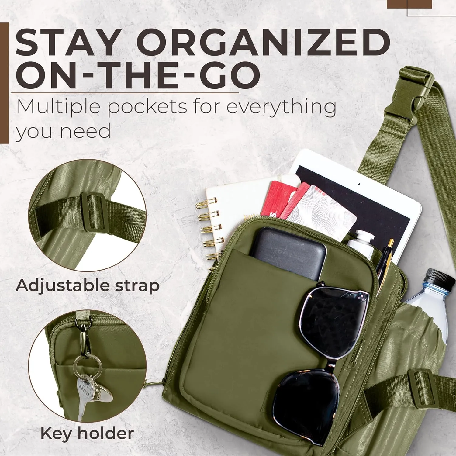 BUNSO Everyday Small Crossbody Bags for Women, Water-Resistant Sling Bag for Men with Waterbottle Holder, 7 x 2.5 x 9