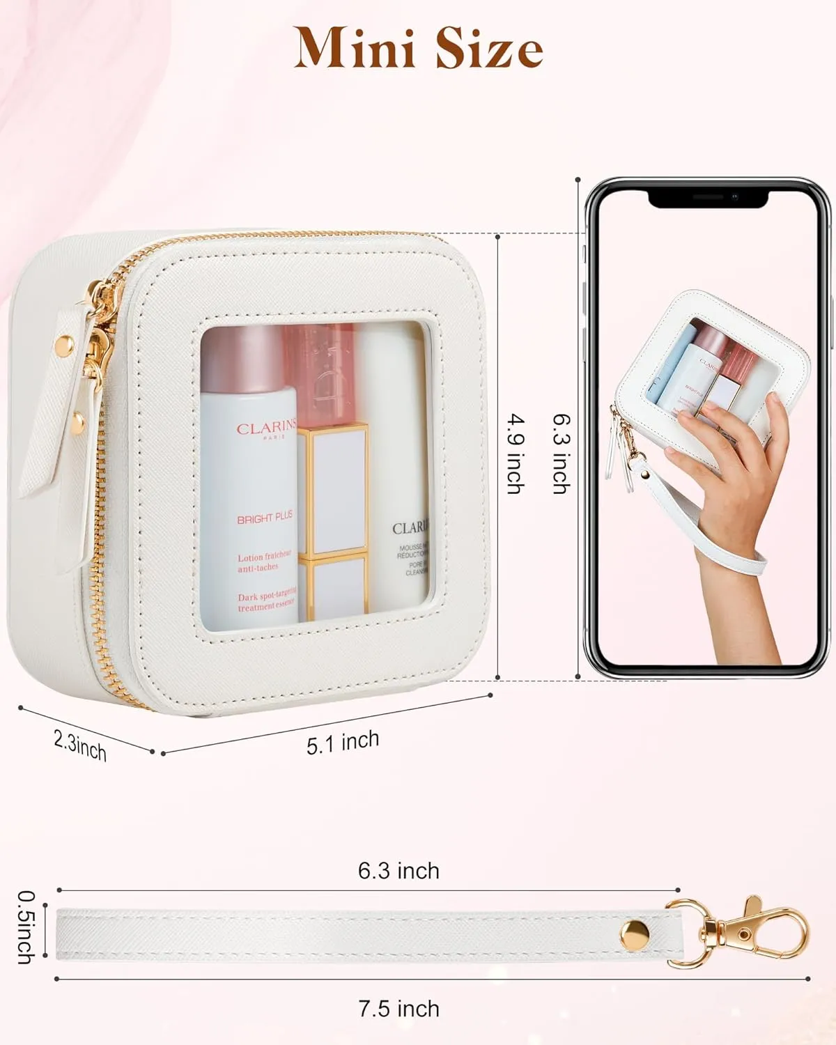 Clear Makeup Bag | Mini Makeup Bag | Small Makeup Bag/Small Cosmetic Bag for Purse | Cute Leather Makeup Pouch | Purse Organizer | Car Travel Pouch Essentials for Women Teens Gift (White Mini)