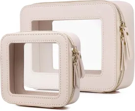 Clear Makeup Bag Waterproof Travel Case for Cosmetics and Toiletries Women's Purse Organizer and Clear Car Bag with Zipper (Beige, M MINI)