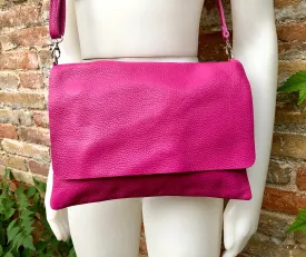 Crossbody leather bag in fuchsia PINK. Genuine soft leather. Hot pink crossover, messenger bag. Zipper   adjustable strap. Hot pink purse