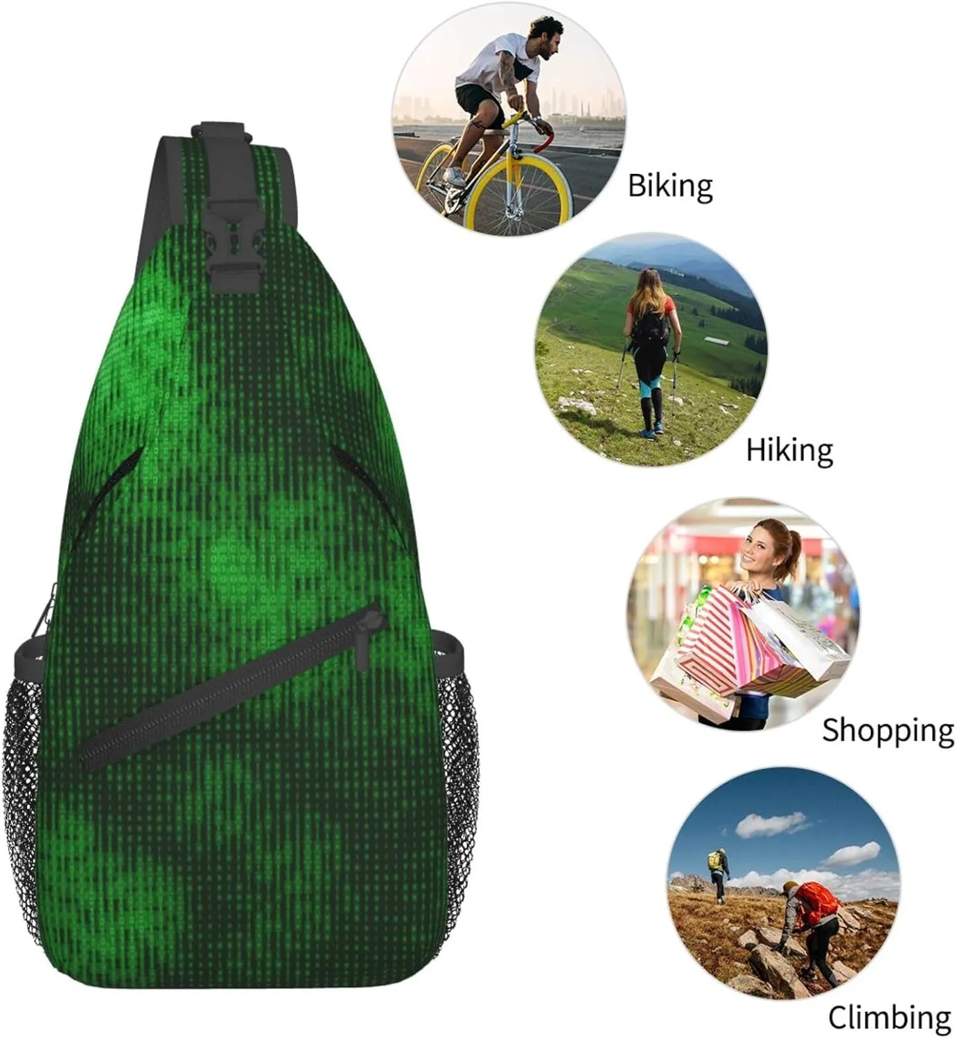 Crossbody Sling Bag for Men Women, Big Data Green Data Sling Backpack Shoulder Chest Bag, Anti Theft Travel Hiking Daypacks