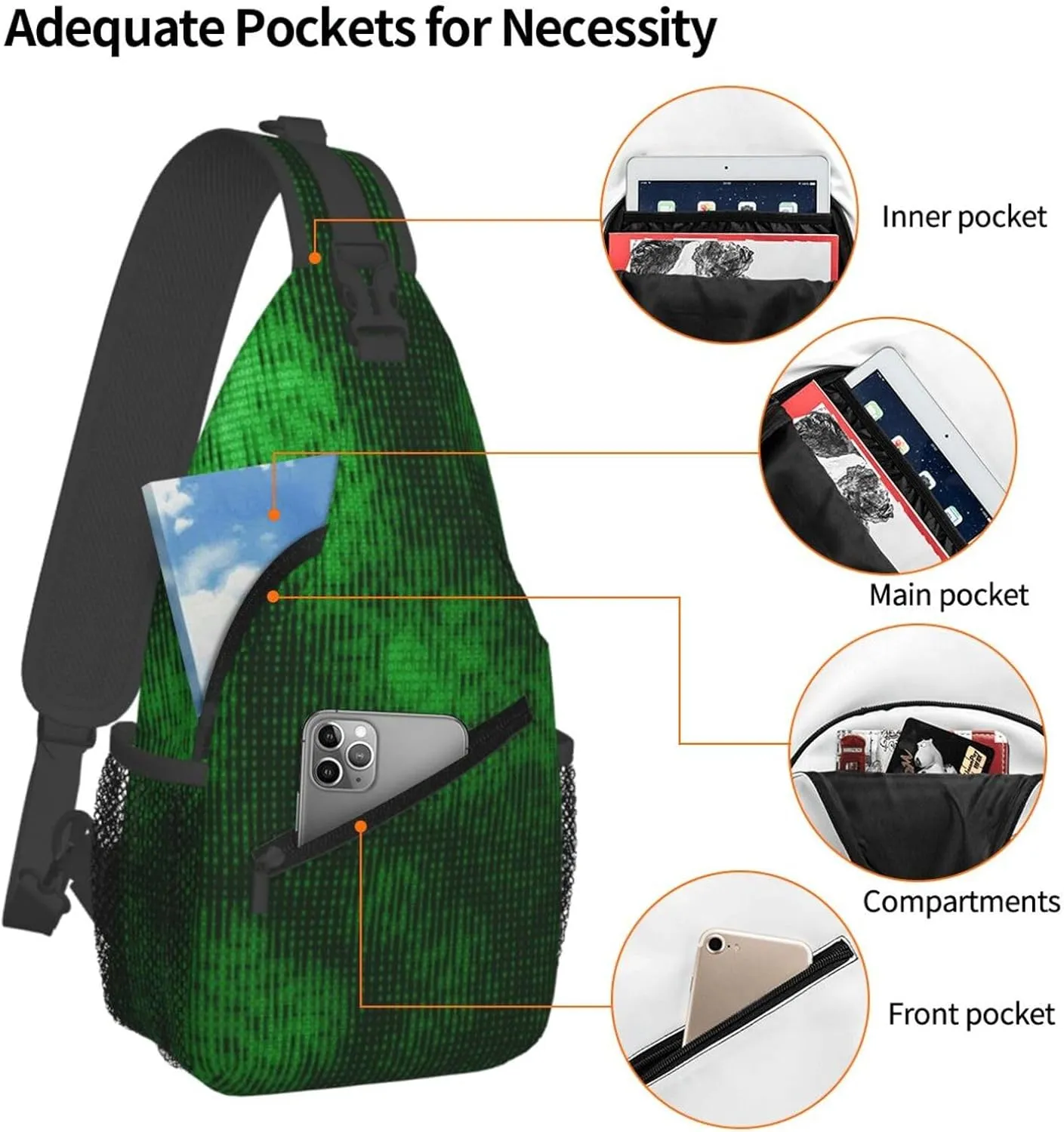 Crossbody Sling Bag for Men Women, Big Data Green Data Sling Backpack Shoulder Chest Bag, Anti Theft Travel Hiking Daypacks