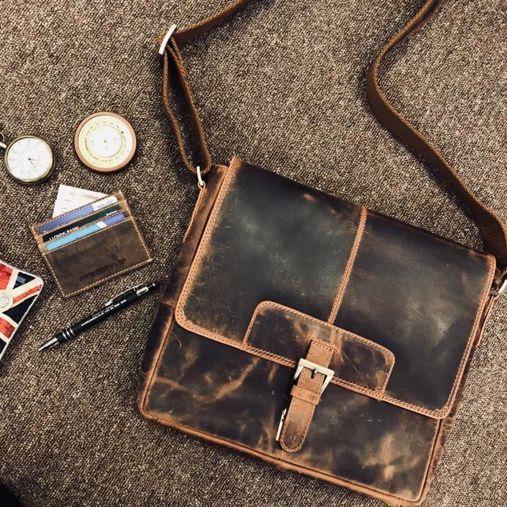 Distressed Cow Hide Leather Bag Men,Half Flap Messenger/Laptop bags UM02