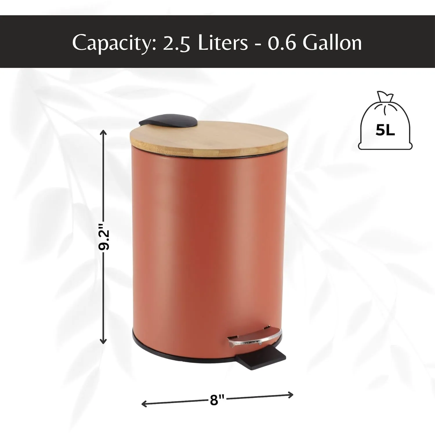 EVIDECO French Home Goods Terracotta Step Trash Can with Bamboo Lid and Foot Pedal, 2.5 Liter (0.6 Gallon) Capacity, Soft-Close, Removable Inner Bucket, Small Garbage for Bathroom, Kitchen or Office