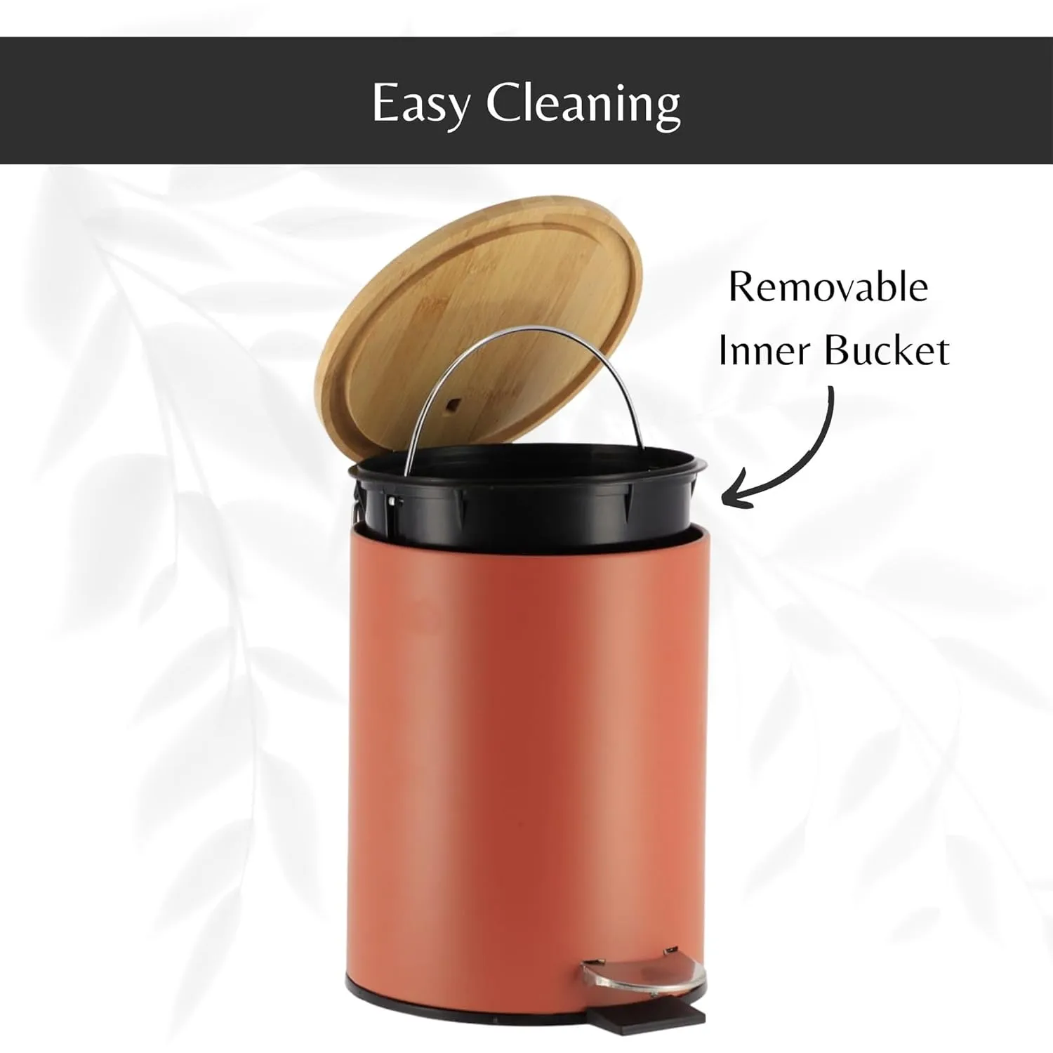 EVIDECO French Home Goods Terracotta Step Trash Can with Bamboo Lid and Foot Pedal, 2.5 Liter (0.6 Gallon) Capacity, Soft-Close, Removable Inner Bucket, Small Garbage for Bathroom, Kitchen or Office
