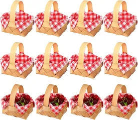 Geelin 12 Pcs Mini Woven Baskets with Handles 20 Sheets Paper Napkins Wood Chip Mini Flower Fruit Picnic Baskets Chip Bucket for Wedding Party Gifts Farmhouse Decoration(Red,Plaid)