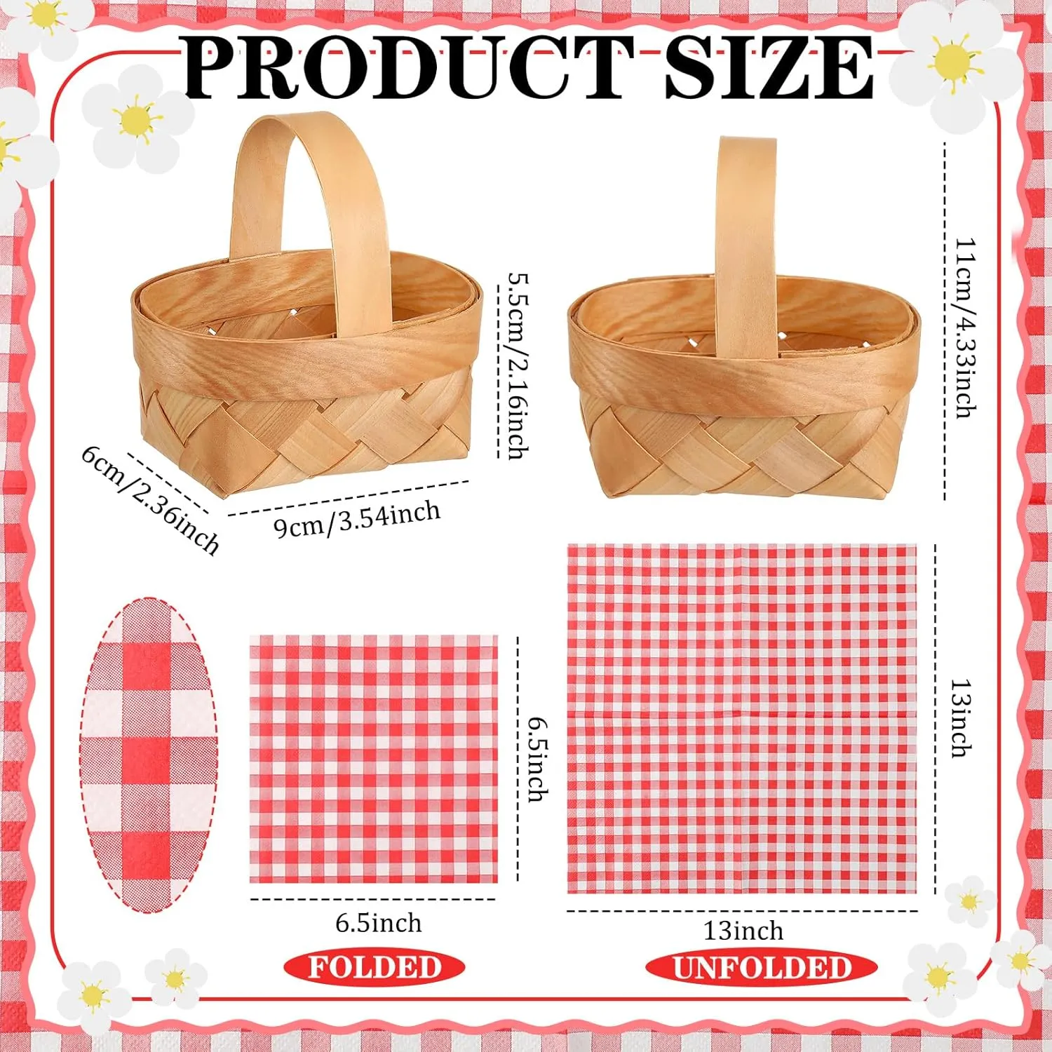Geelin 12 Pcs Mini Woven Baskets with Handles 20 Sheets Paper Napkins Wood Chip Mini Flower Fruit Picnic Baskets Chip Bucket for Wedding Party Gifts Farmhouse Decoration(Red,Plaid)