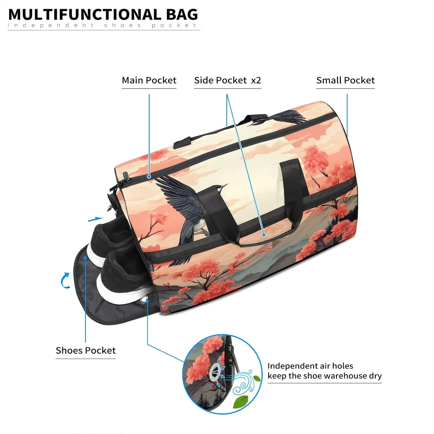 Gym Bag for Women, Carry on Weekender Overnight Bag, Travel Duffel Bags, Personal Item Travel Bag Tote Bag Workout Dance Bag, Chinese Painting Bird - 27