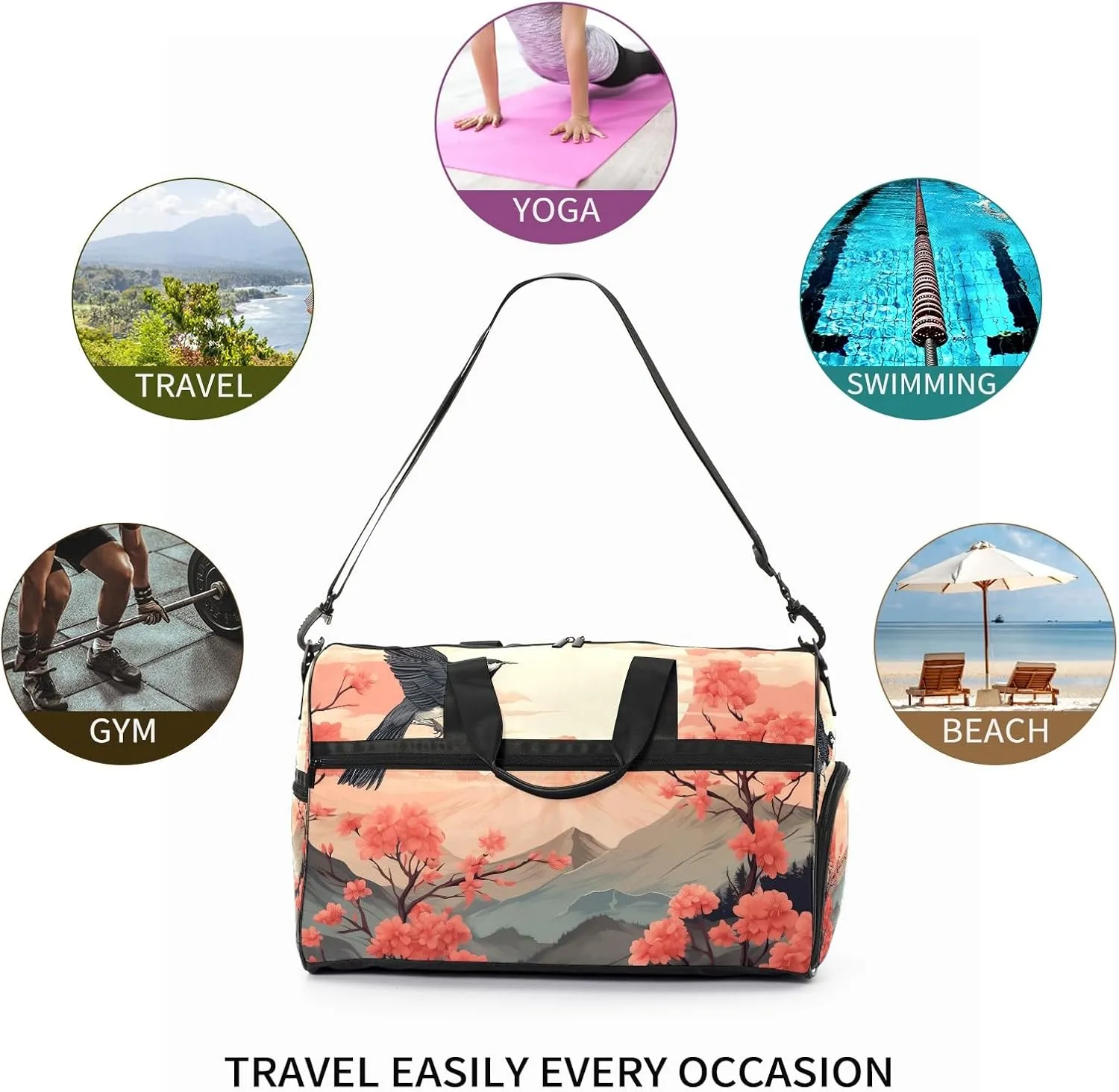 Gym Bag for Women, Carry on Weekender Overnight Bag, Travel Duffel Bags, Personal Item Travel Bag Tote Bag Workout Dance Bag, Chinese Painting Bird - 27