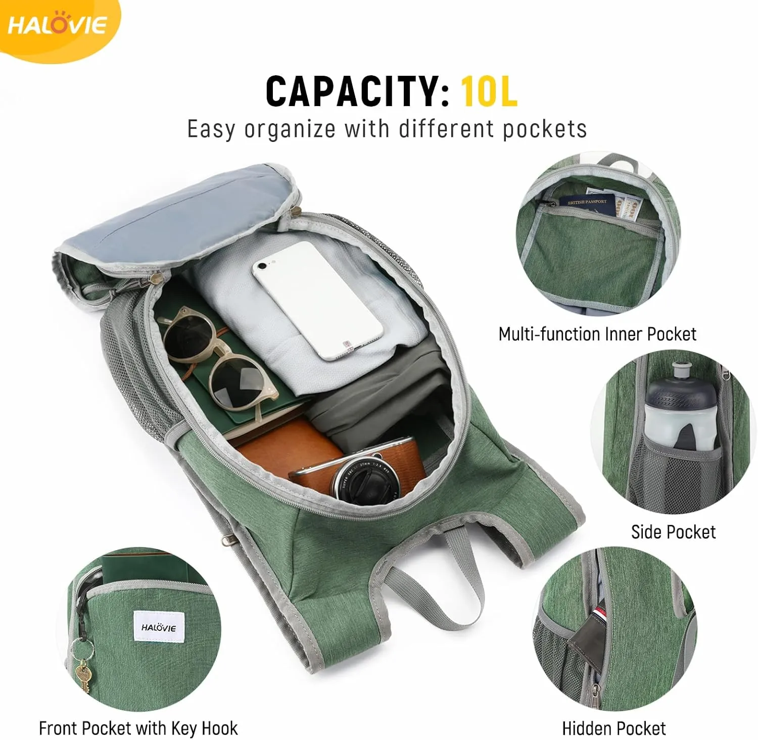 HALOVIE Small Hiking Backpack 10L Packable Lightweight Daypack Foldable Travel Back Pack for Women Men(Green)