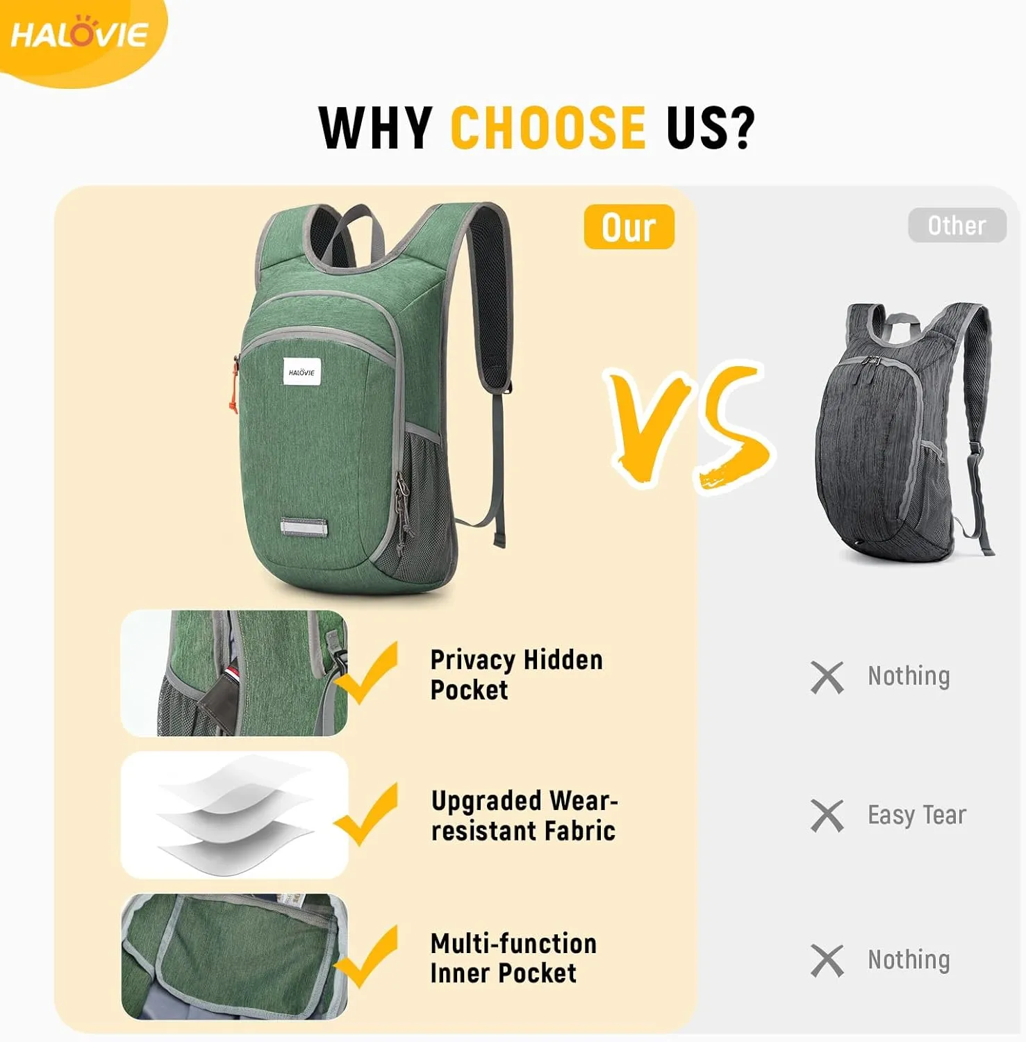 HALOVIE Small Hiking Backpack 10L Packable Lightweight Daypack Foldable Travel Back Pack for Women Men(Green)