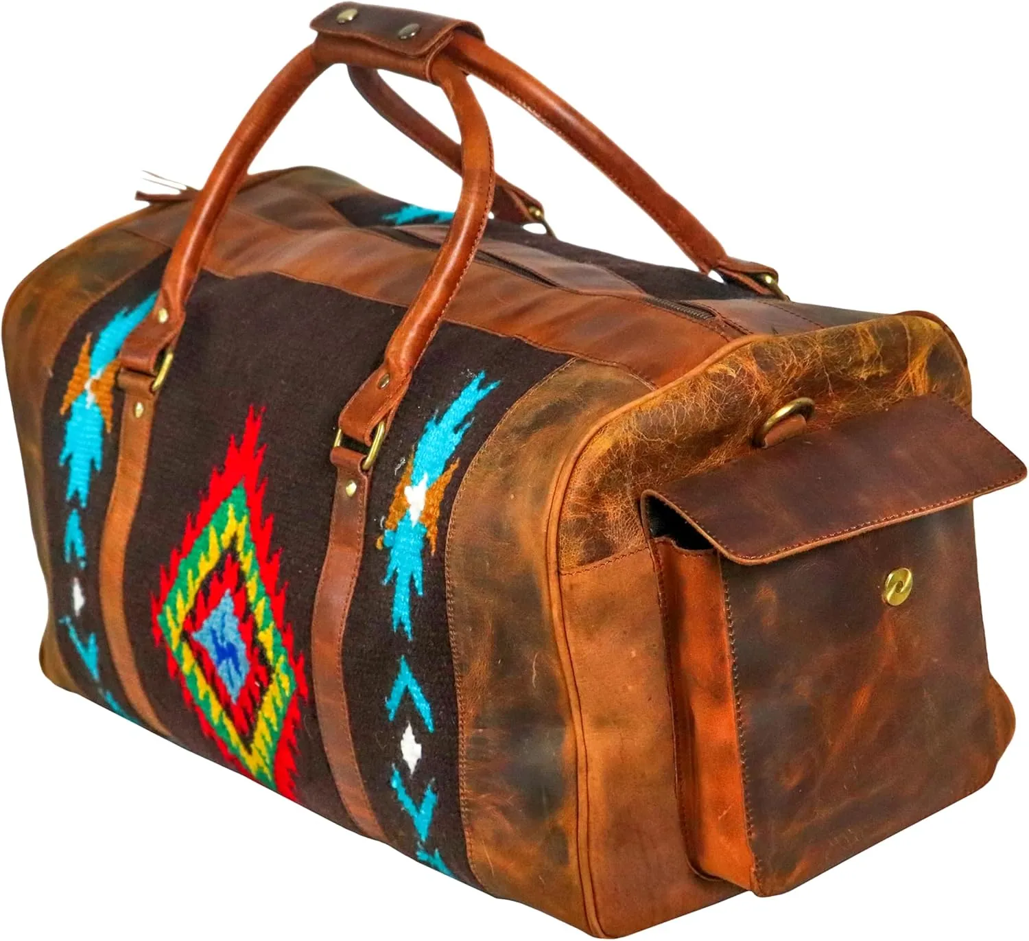 Handmade Premium Duffle Bag leather heavy duty Gym Sports Airplane Overnight Luggage Carry On Unisex Travel Hand woven Rug Bag Wollen Hand Bag Gift for His/Her (RUG DUFFLE BAG STYLE_01)