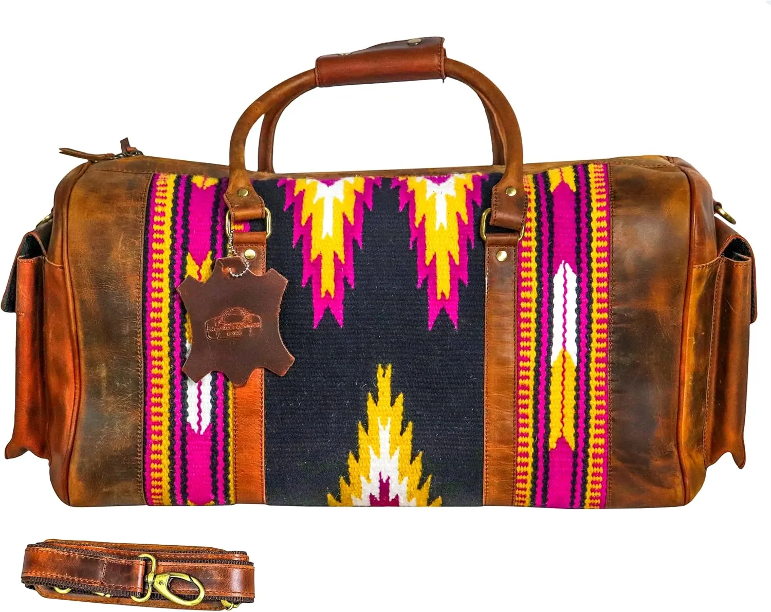 Handmade Premium Duffle Bag leather heavy duty Gym Sports Airplane Overnight Luggage Carry On Unisex Travel Hand woven Rug Bag Wollen Hand Bag Gift for His/Her (RUG DUFFLE BAG STYLE_04)