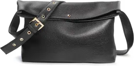 HOXIS Messenger Bag for Women Crossbody Purse Vegan Leather Foldover Shoulder Handbag (Black)