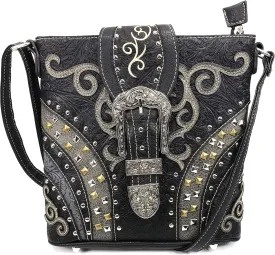 Justin West Clydesdale Tooled Leather Metal Stud Buckle Conceal Carry Women Handbag Purse