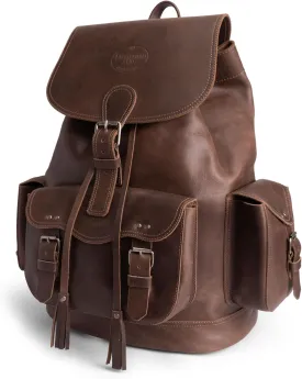 Littlefield & Co., Vintage Rucksack, Classic Backpack for Men and Women, Carry-On Travel Backpack, Full Grain Leather, Handmade, Bourbon Brown