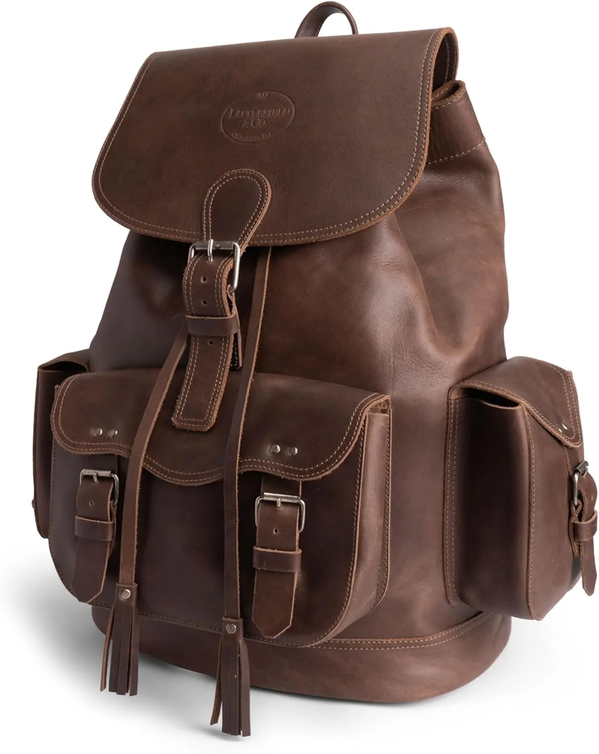 Littlefield & Co., Vintage Rucksack, Classic Backpack for Men and Women, Carry-On Travel Backpack, Full Grain Leather, Handmade, Bourbon Brown