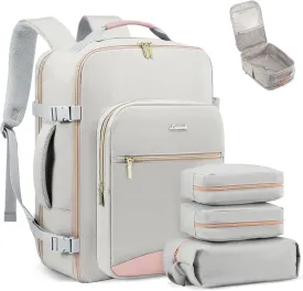 LOVEVOOK Carry on Travel Backpack, 40L Waterproof Large 17inch Laptop Luggage Daypack as Personal Item Flight Approved, Business Weekender Overnight with 3 Packing Cubes, Light gray-Pink